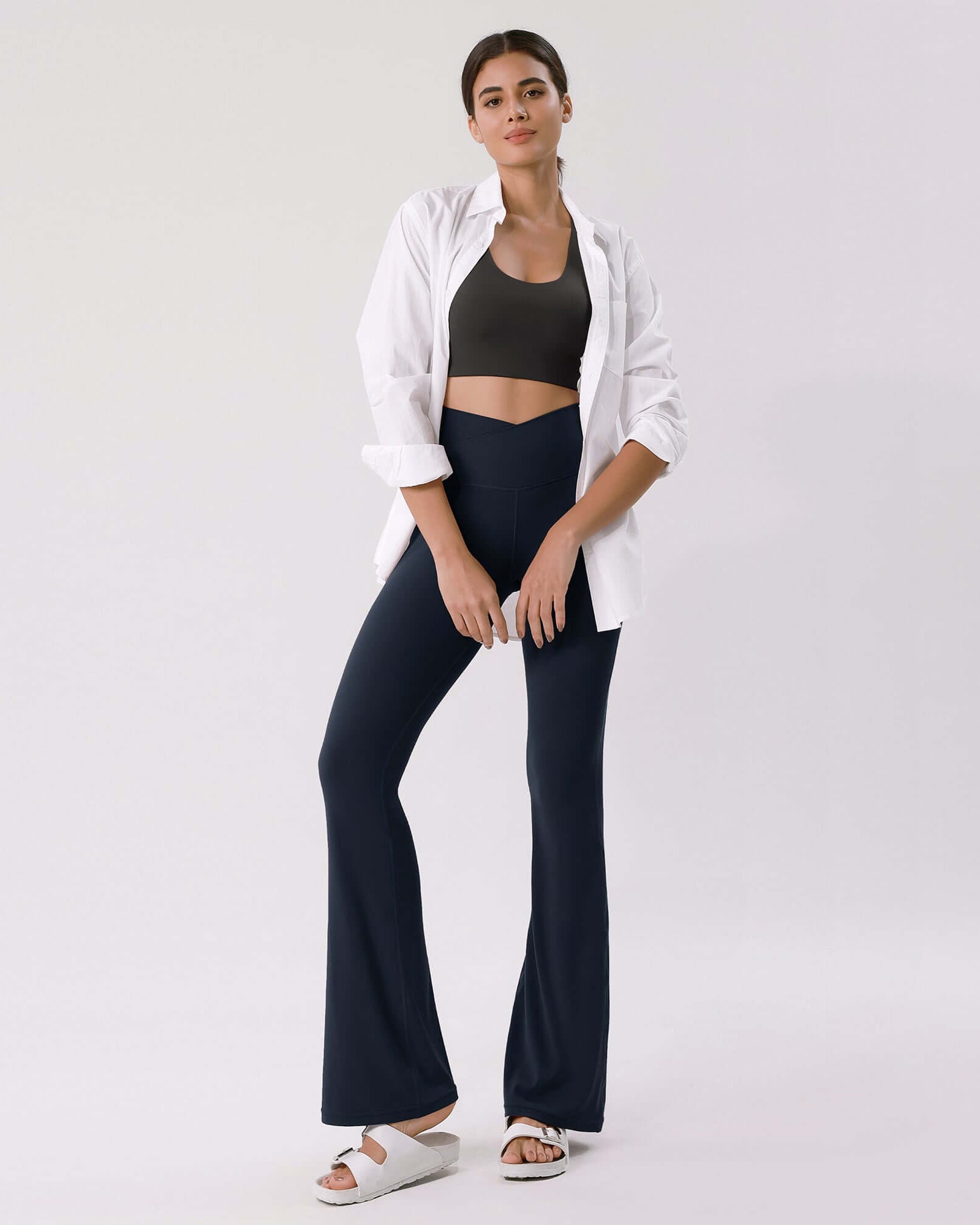 Cloud Feeling 30 Crossover High Waist Flared Pants Deep Navy - ododos