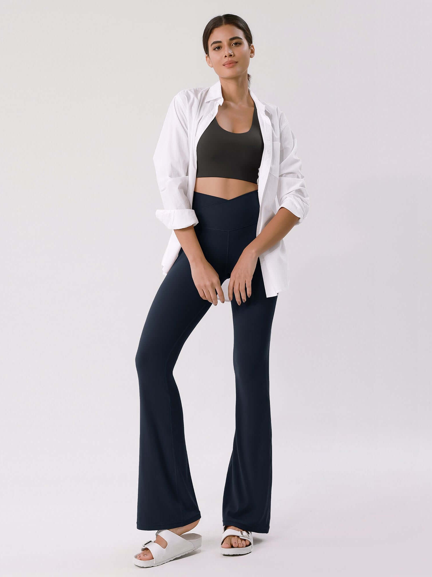 Cloud Feeling 32 Crossover High Waist Flared Pants Deep Navy - ododos