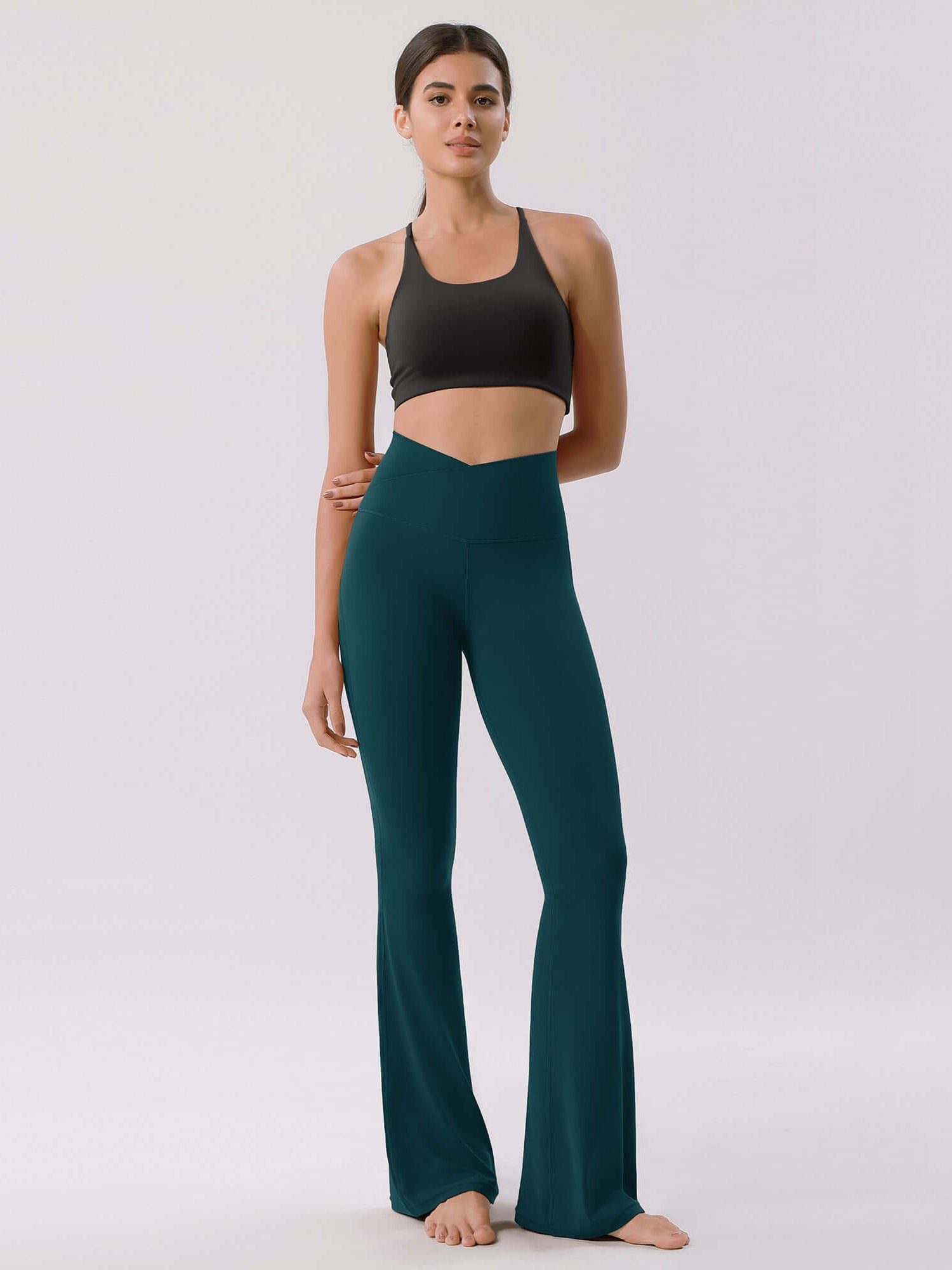 Cloud Feeling 32 Crossover High Waist Flared Pants Forest Teal - ododos