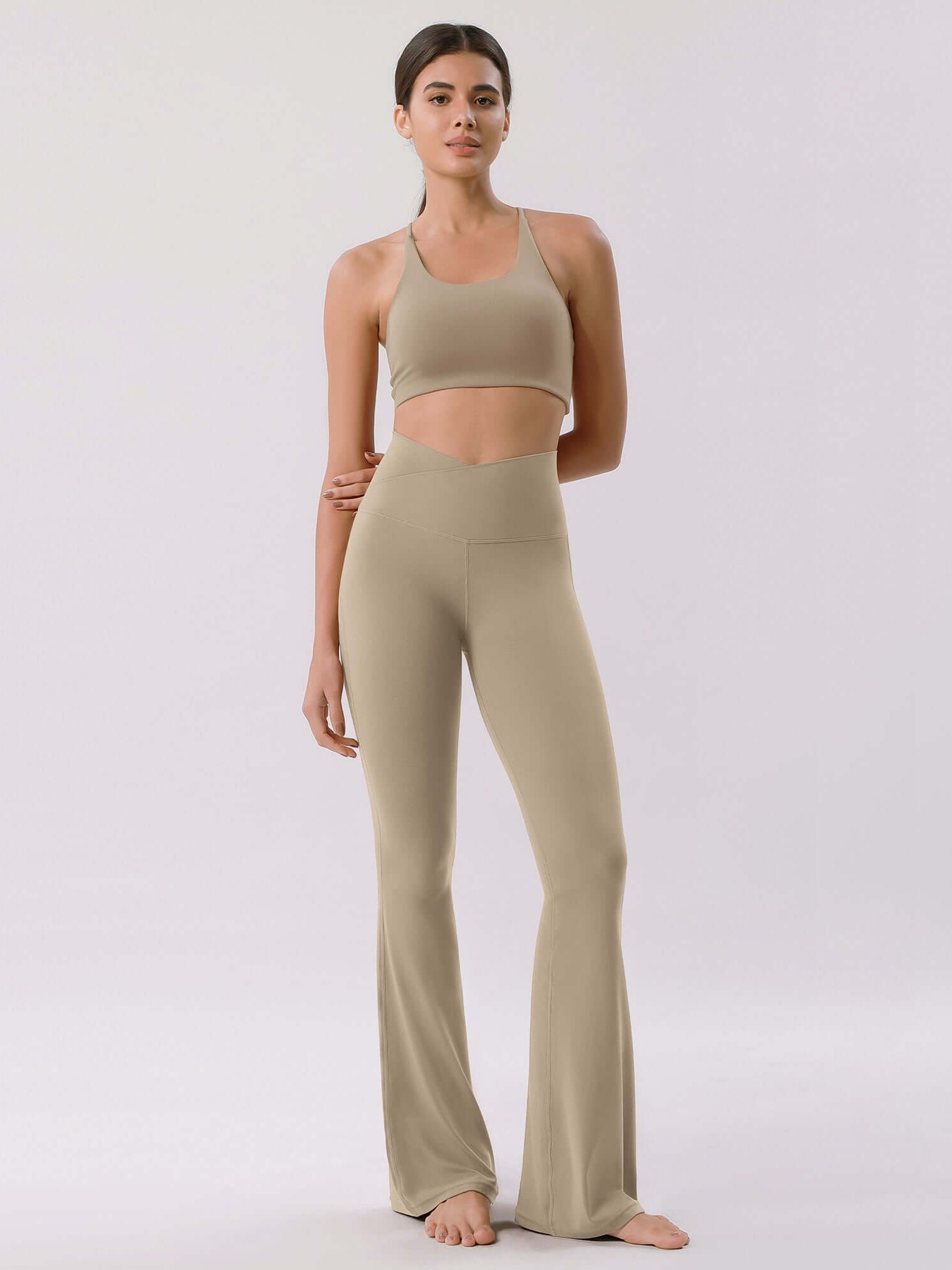 Cloud Feeling 30 Crossover High Waist Flared Pants Shaker Beige - ododos