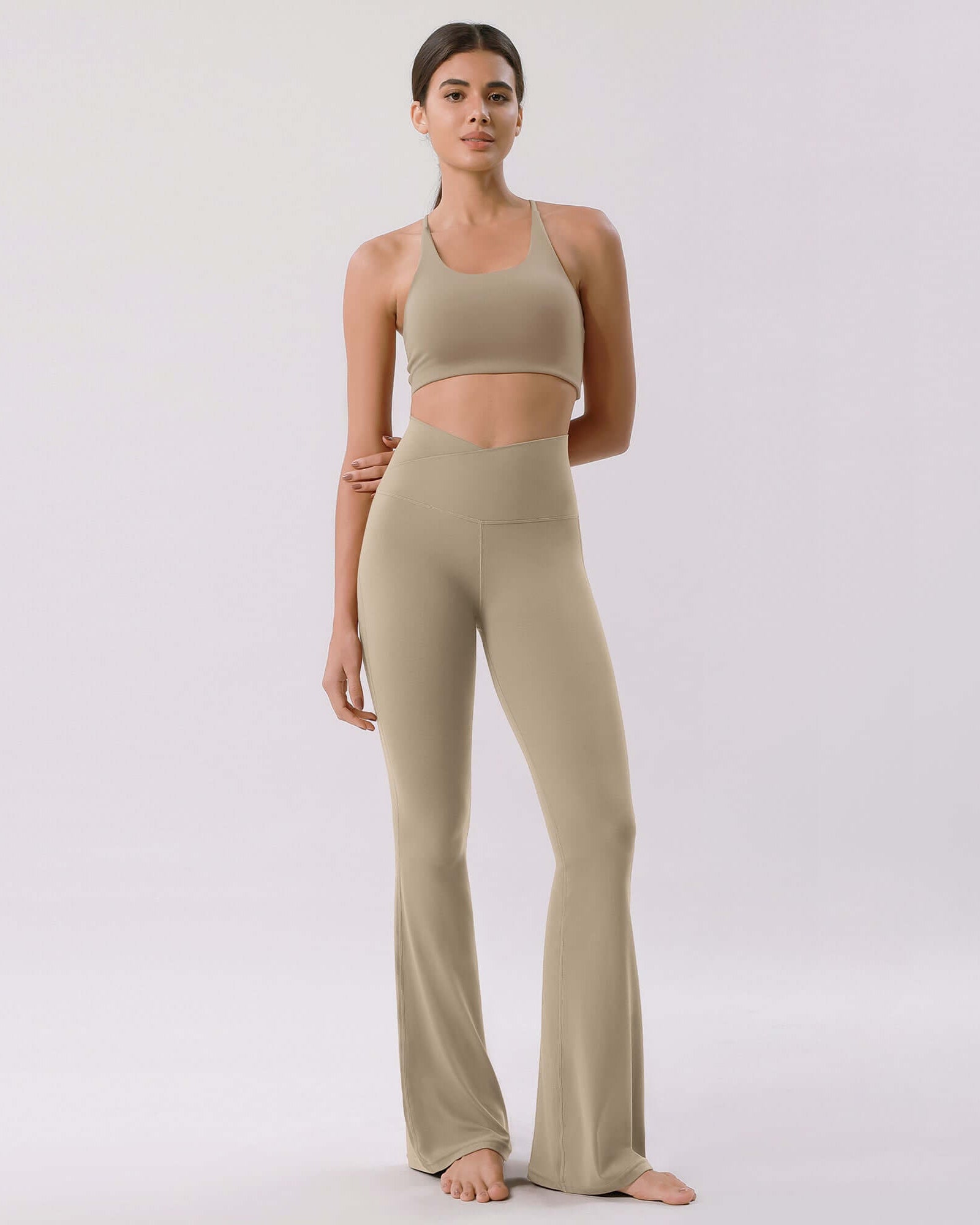 Cloud Feeling 32 Crossover High Waist Flared Pants Shaker Beige - ododos