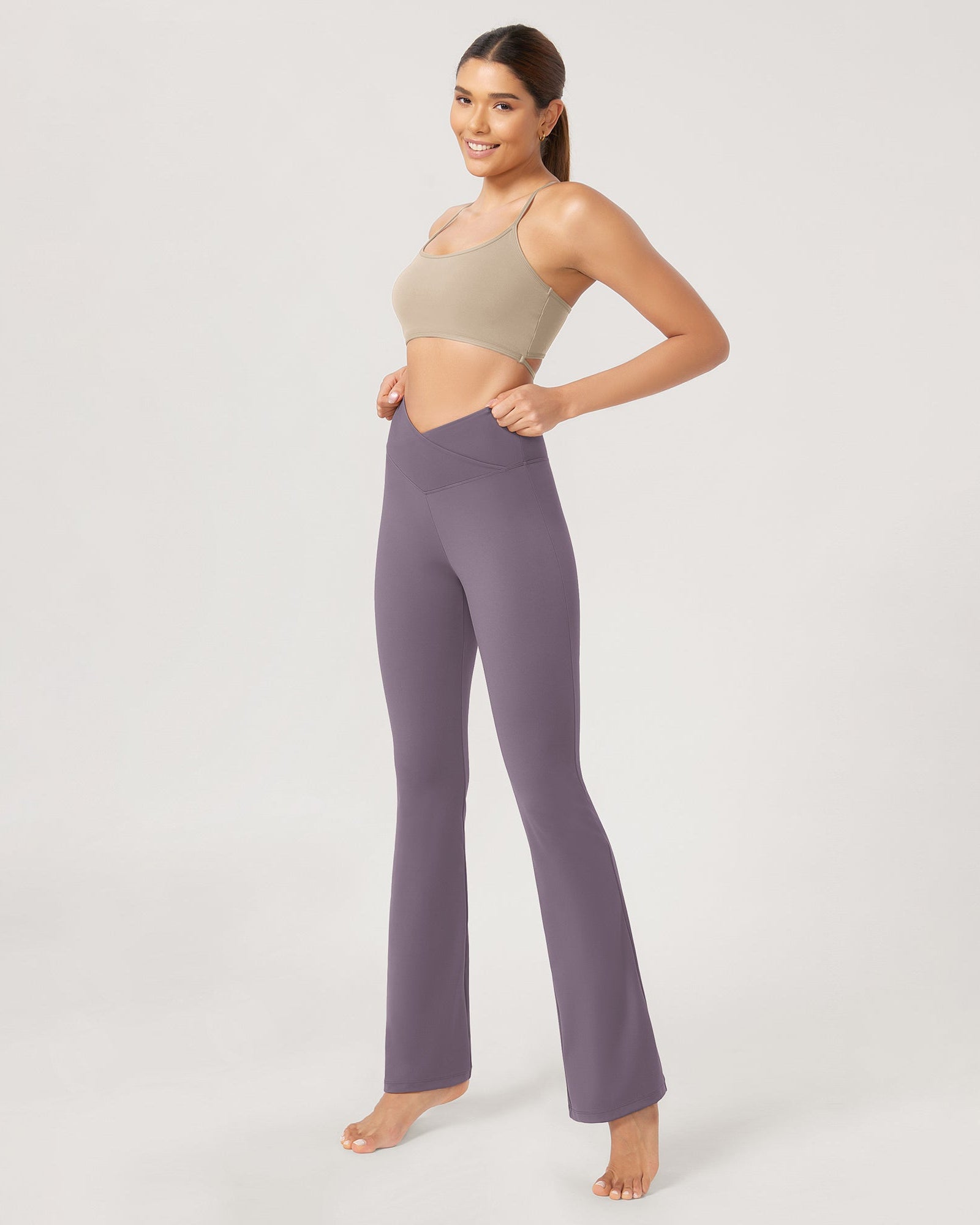31??Cross Waist Workout Yoga Flare Pants Ash Violet - ododos