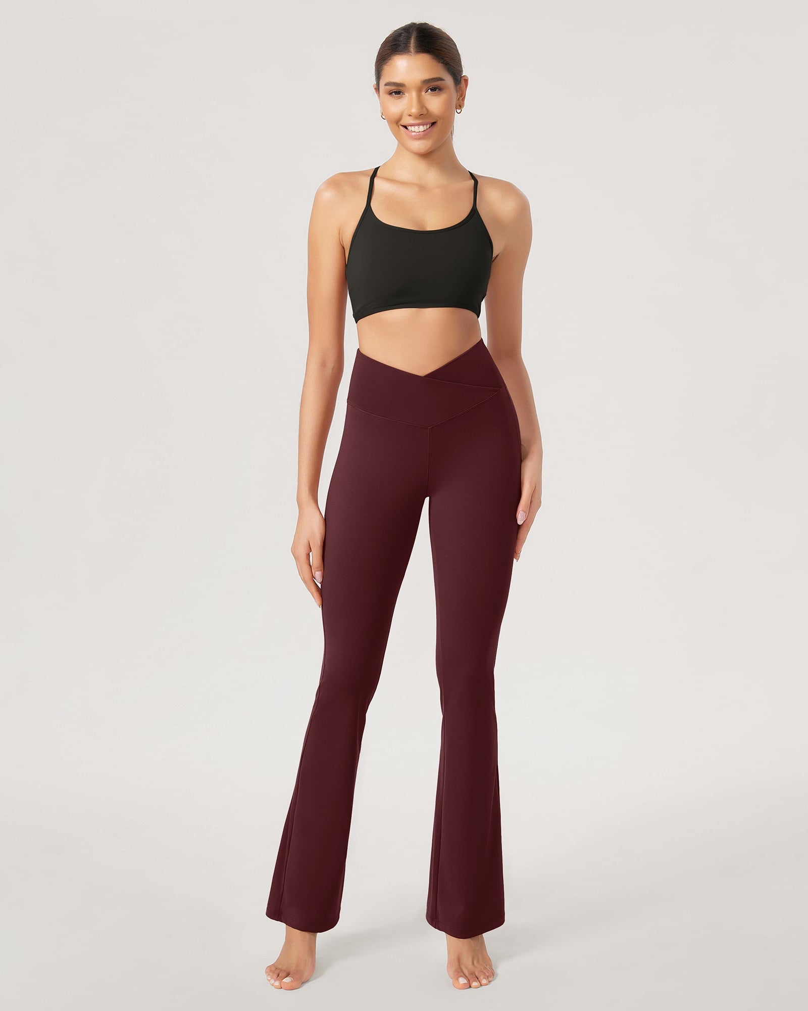 31??Cross Waist Workout Yoga Flare Pants Burgundy - ododos