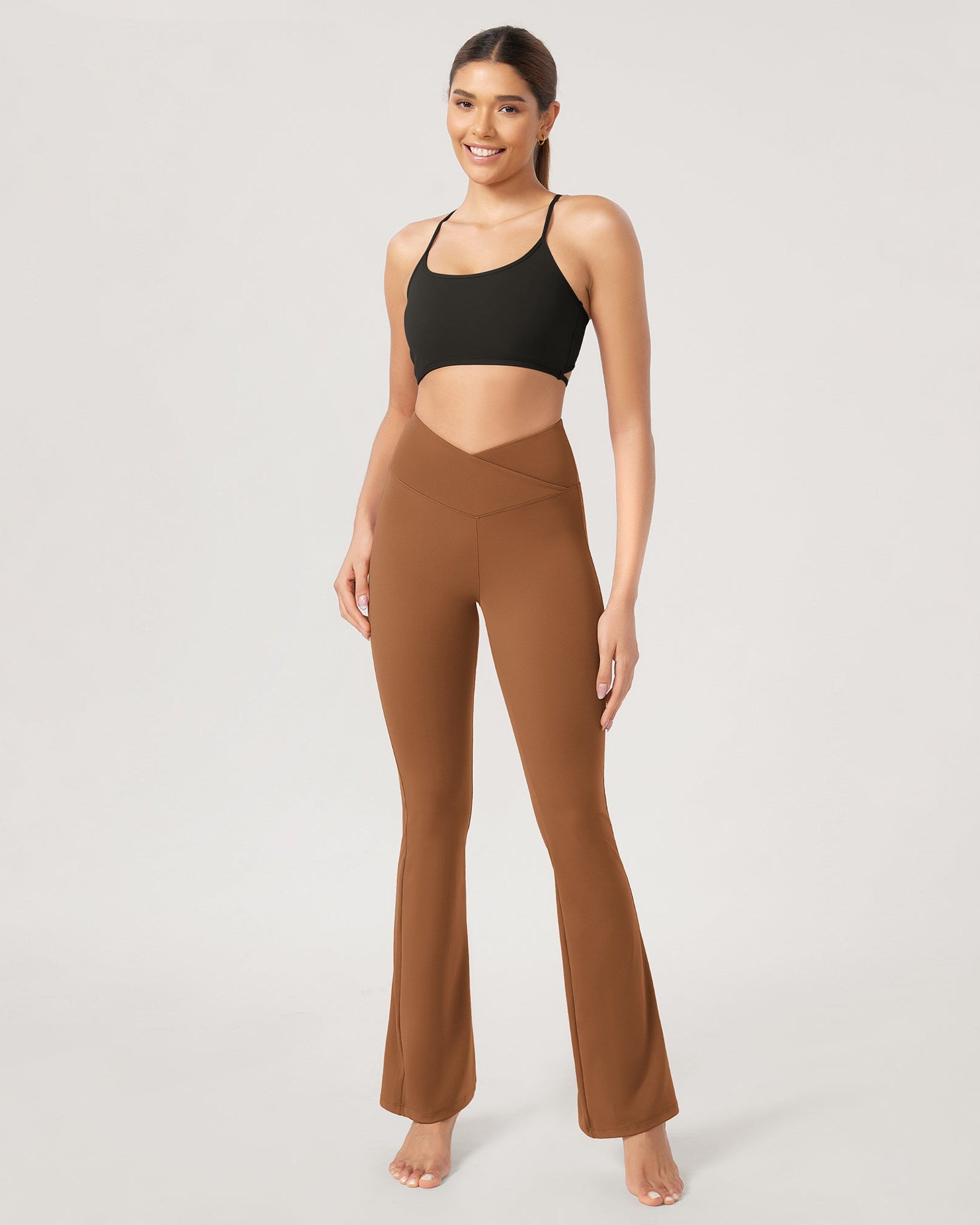 31??Cross Waist Workout Yoga Flare Pants Caramel - ododos