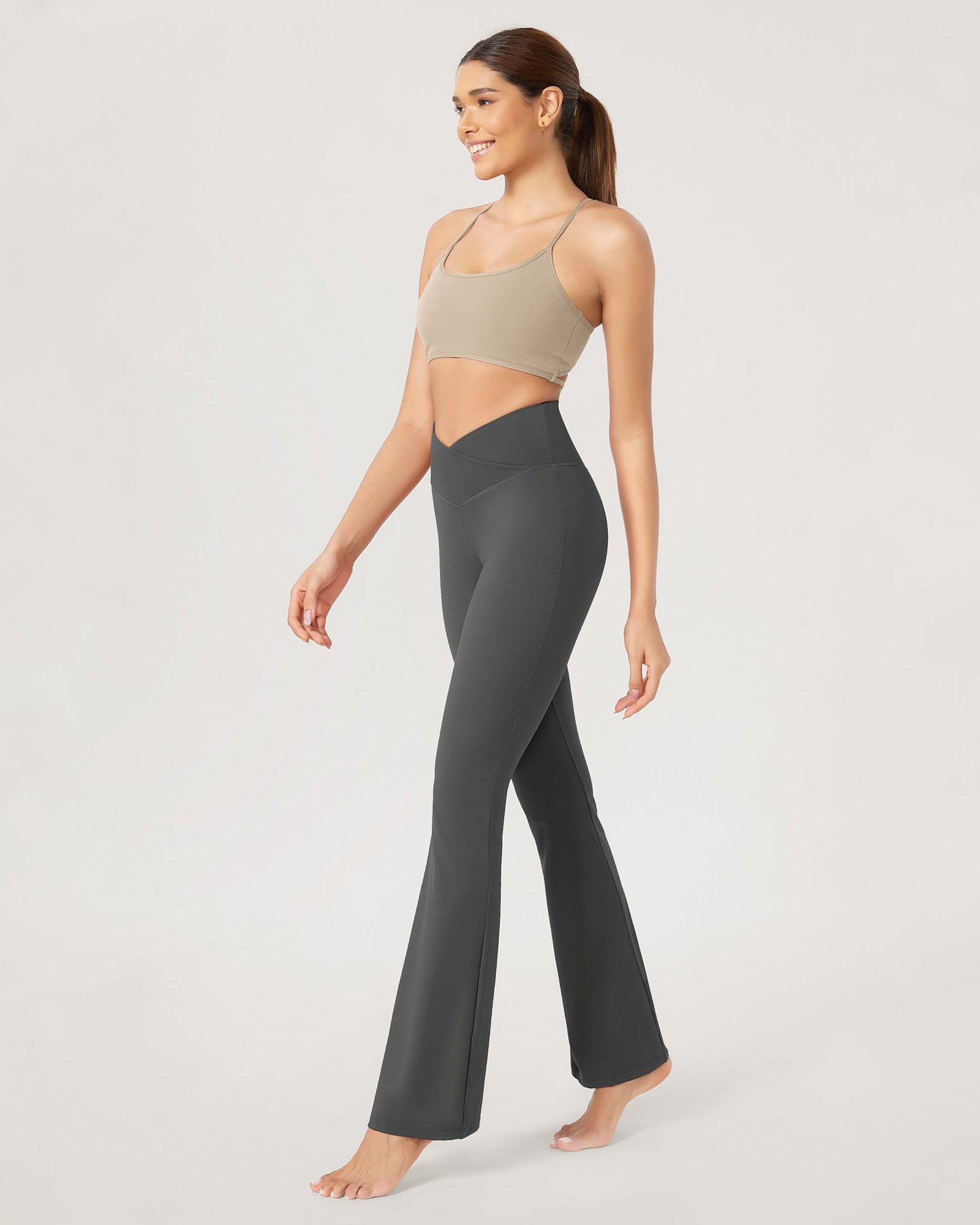 31??Cross Waist Workout Yoga Flare Pants Charcoal - ododos