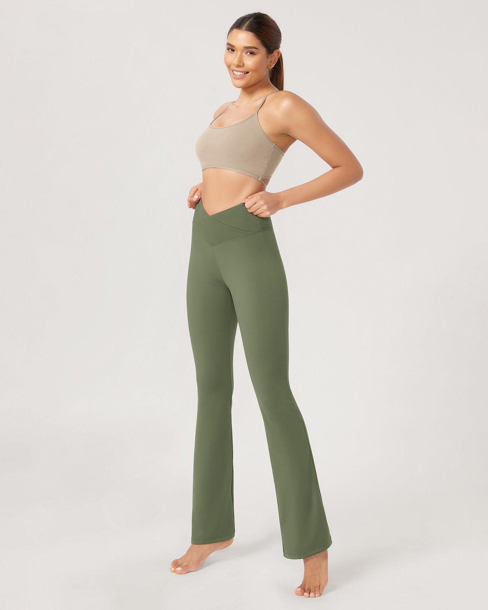 31??Cross Waist Workout Yoga Flare Pants Dark Olive - ododos