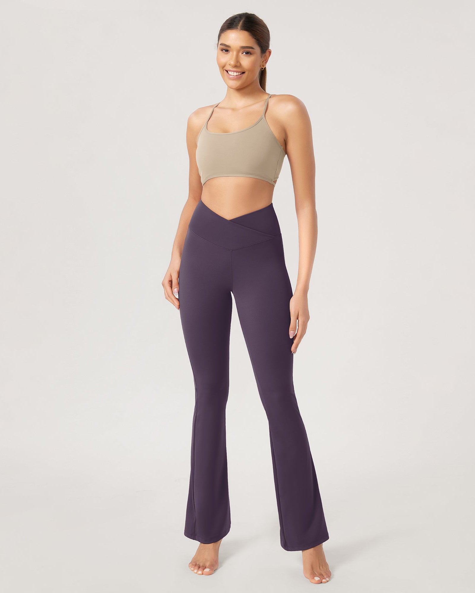 31??Cross Waist Workout Yoga Flare Pants Dark Purple - ododos