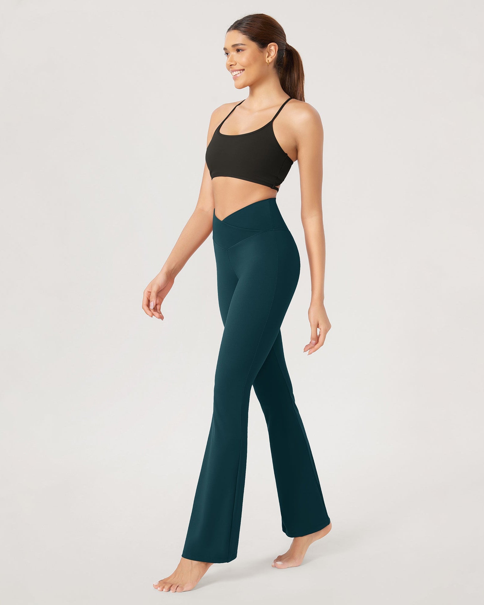 31??Cross Waist Workout Yoga Flare Pants Forest Teal - ododos