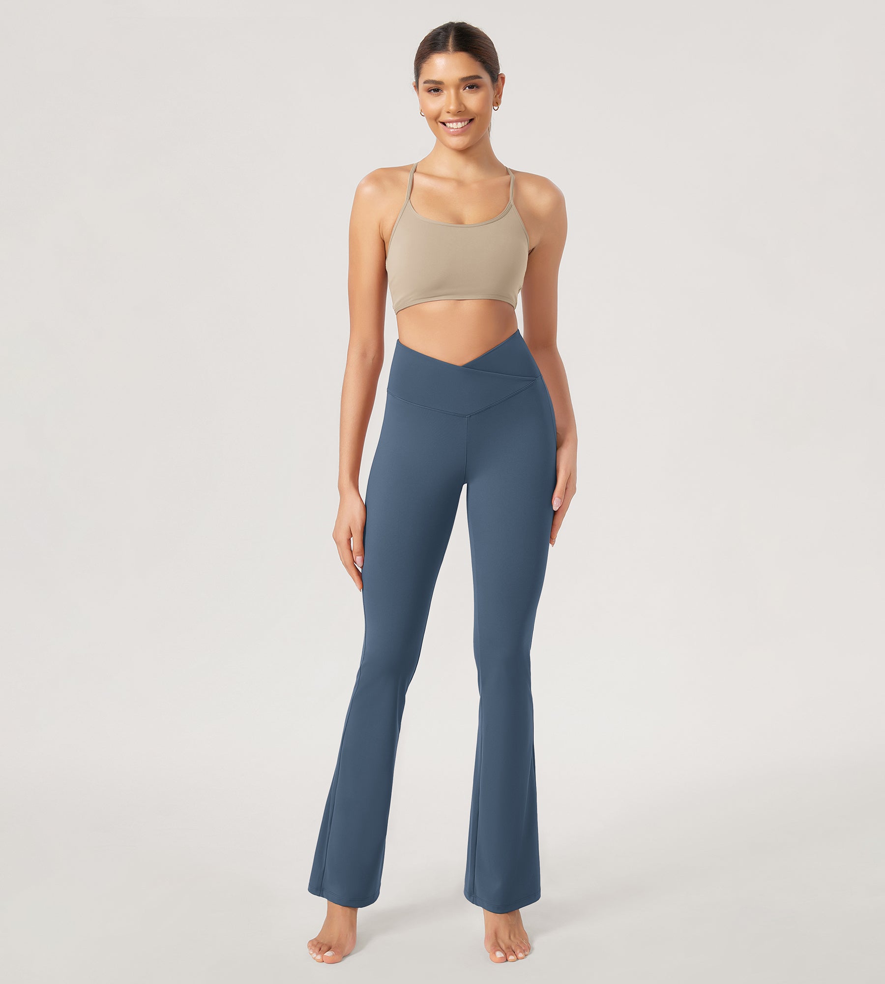 31??Cross Waist Workout Yoga Flare Pants Ink Blue - ododos