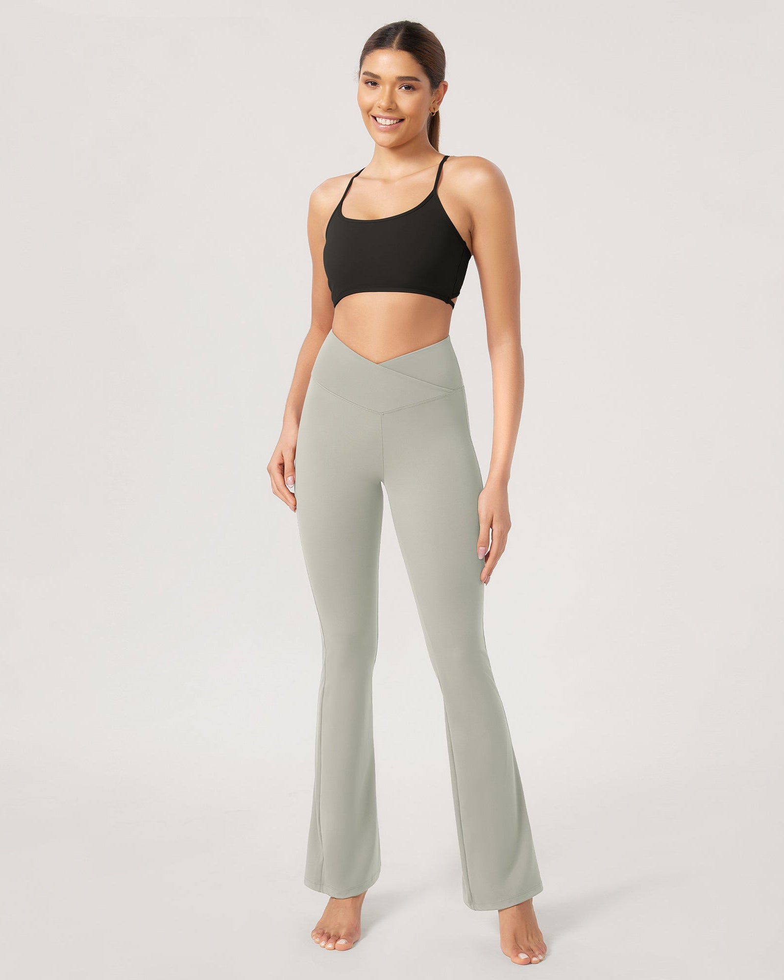 31??Cross Waist Workout Yoga Flare Pants Light Grey - ododos
