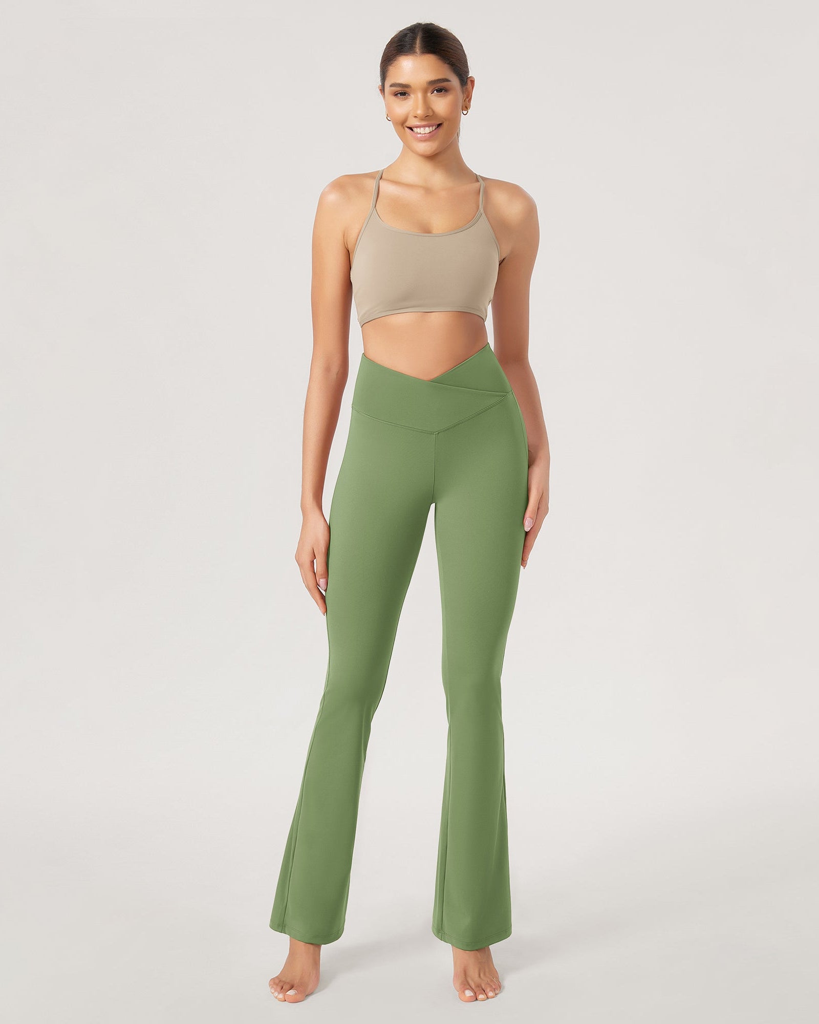 31??Cross Waist Workout Yoga Flare Pants Light Olive - ododos