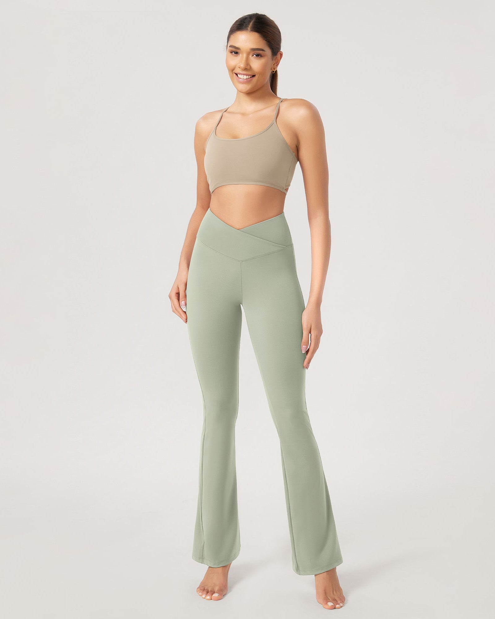 31??Cross Waist Workout Yoga Flare Pants Lime Stone - ododos