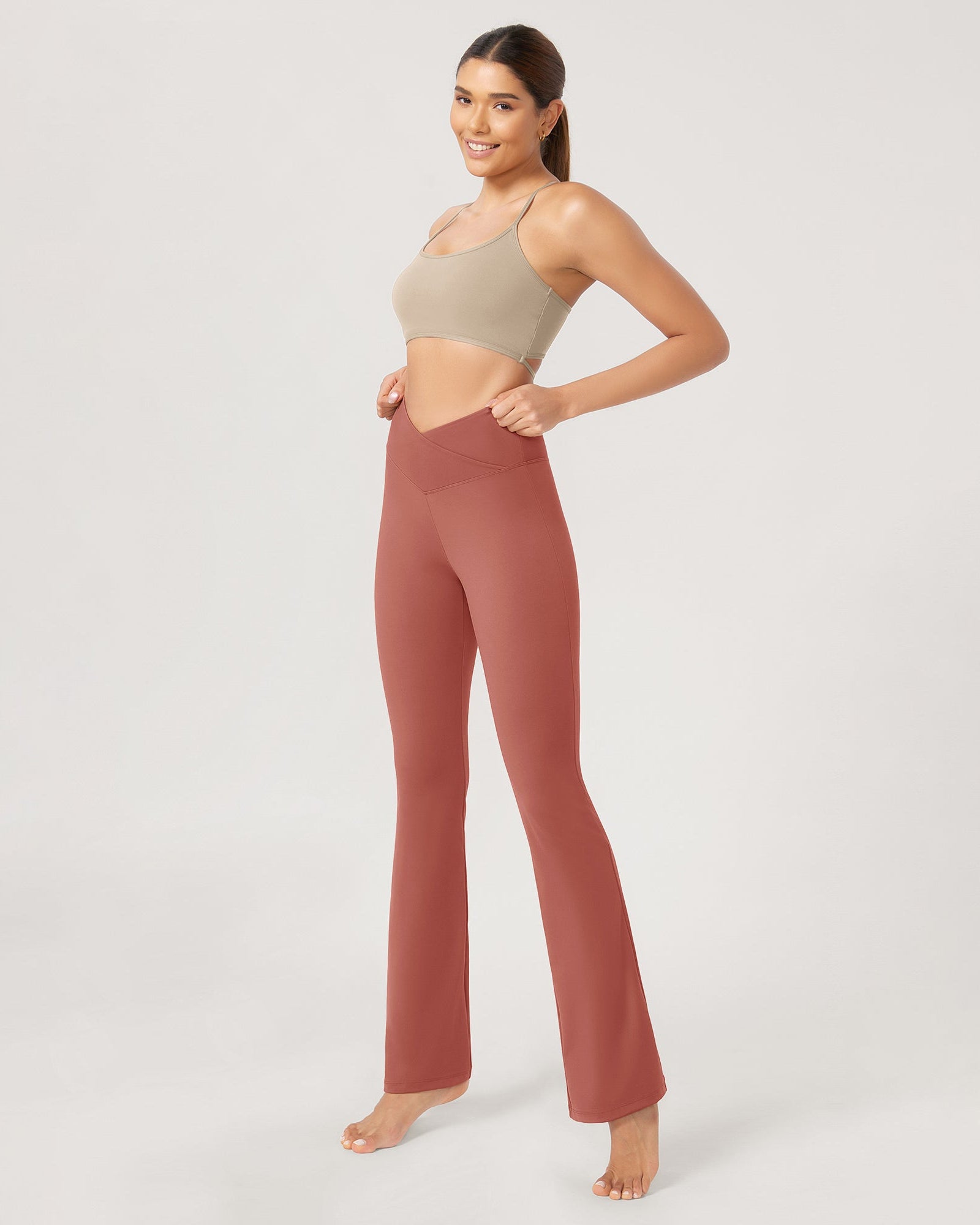 31??Cross Waist Workout Yoga Flare Pants Mauve - ododos