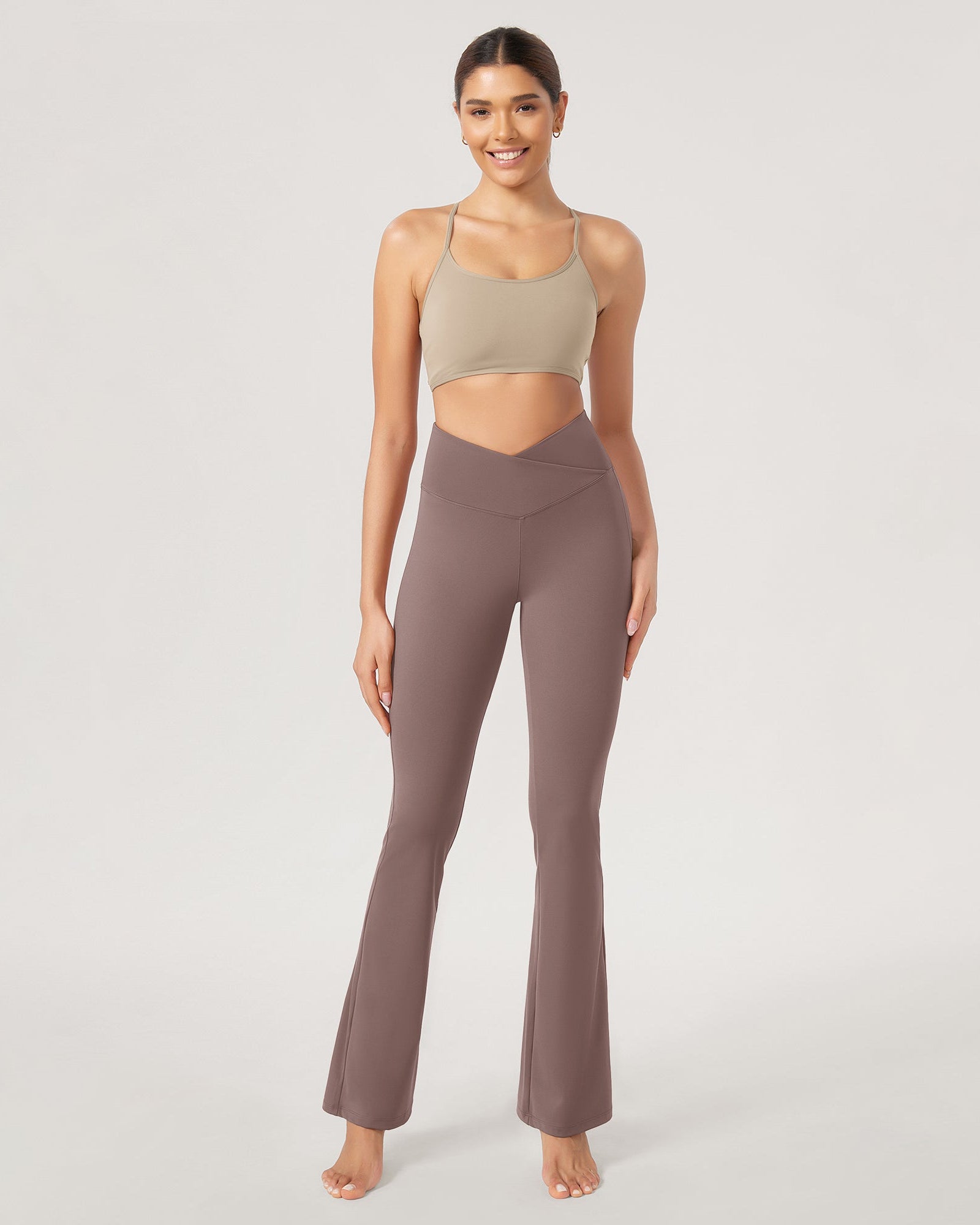 31??Cross Waist Workout Yoga Flare Pants Purple Taupe - ododos