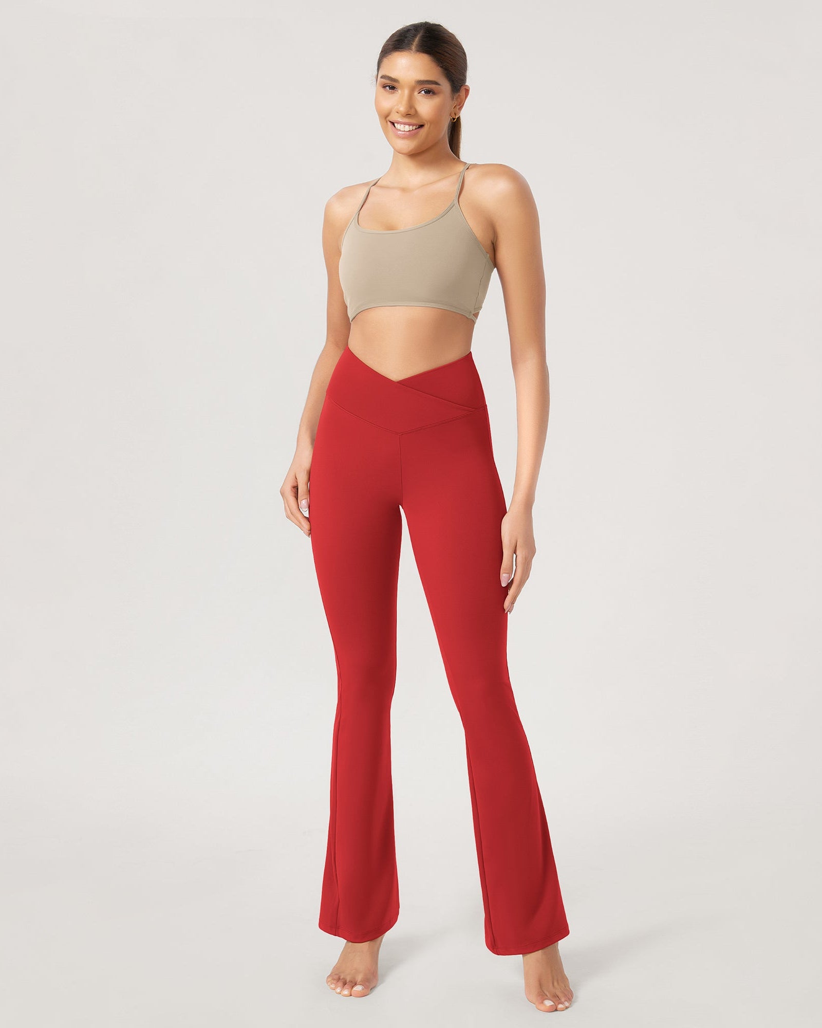 31??Cross Waist Workout Yoga Flare Pants Red - ododos