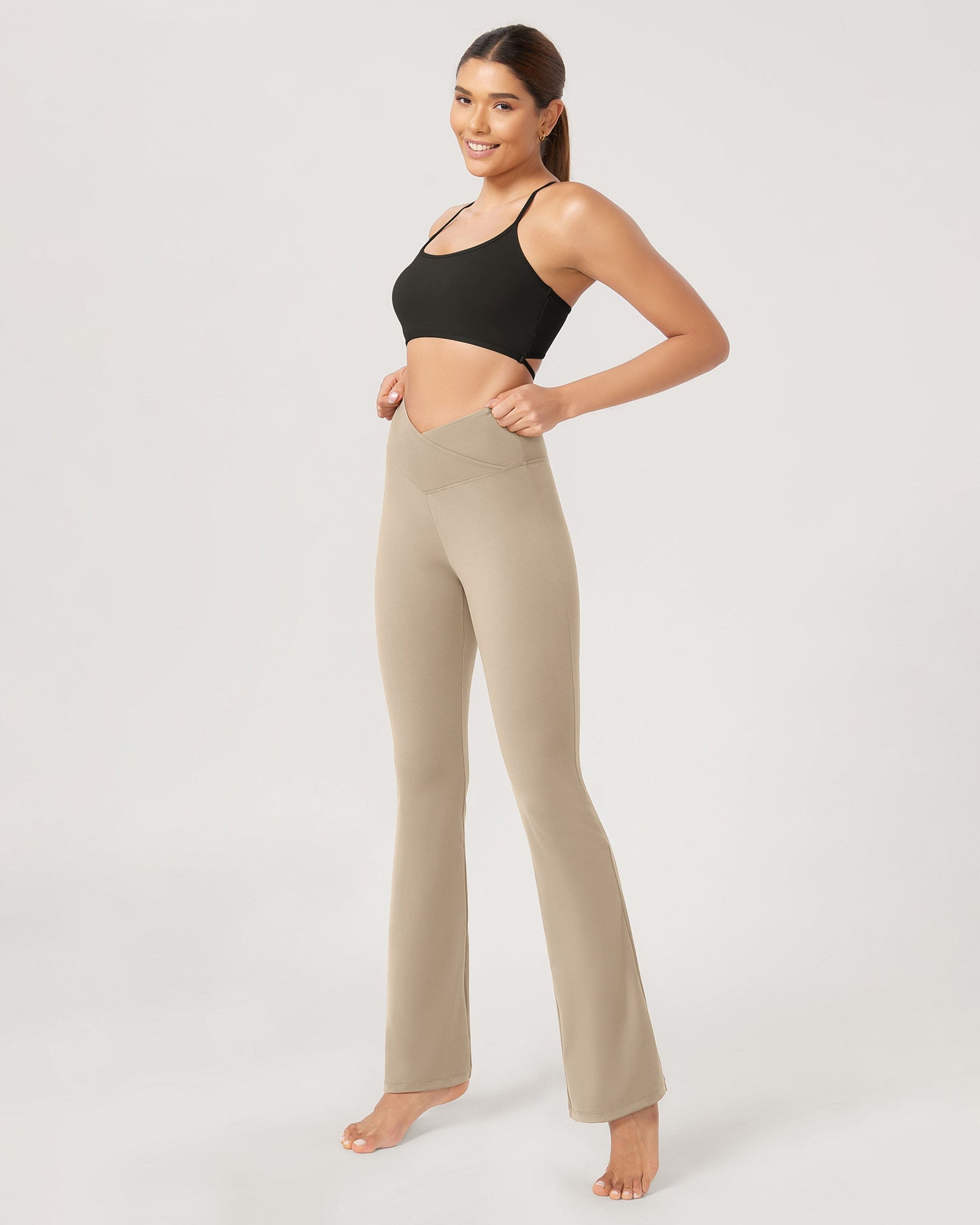 31??Cross Waist Workout Yoga Flare Pants Shaker Beige - ododos