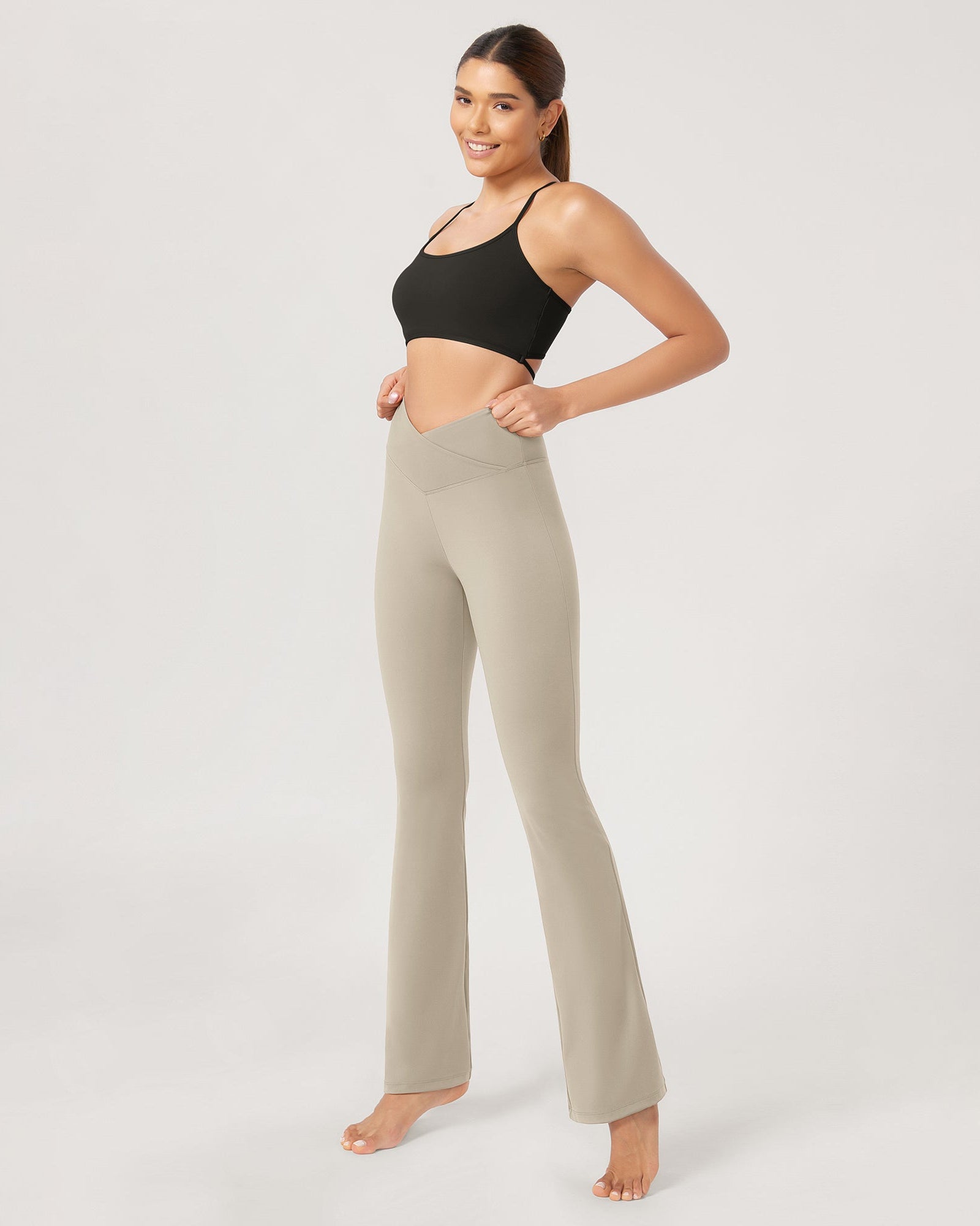 31??Cross Waist Workout Yoga Flare Pants Taupe - ododos