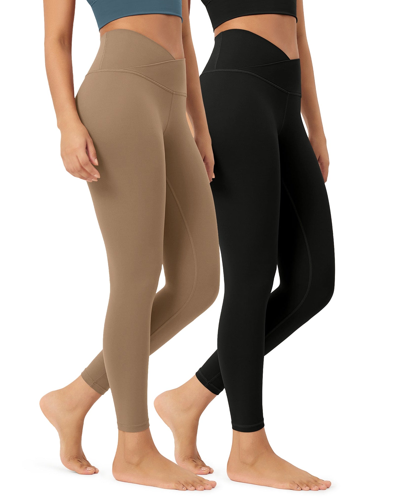 2 Pack 25 Buttery Soft Crossover Lounge Yoga Waist Leggings Black+light Brown - ododos
