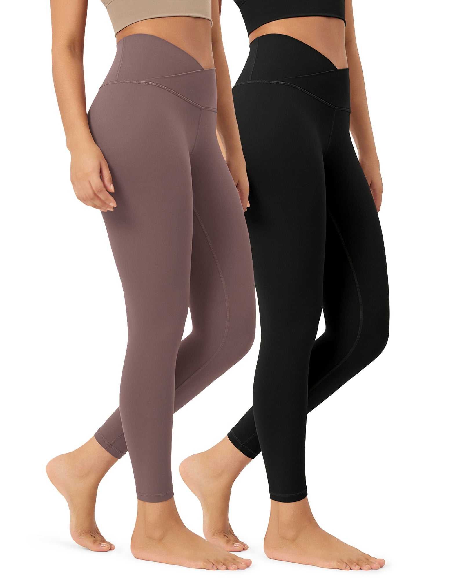 2 Pack 25 Buttery Soft Crossover Lounge Yoga Waist Leggings Black+Purple Taupe - ododos