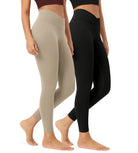 2 Pack 25 Buttery Soft Crossover Lounge Yoga Waist Leggings Black+shaker Beige - ododos