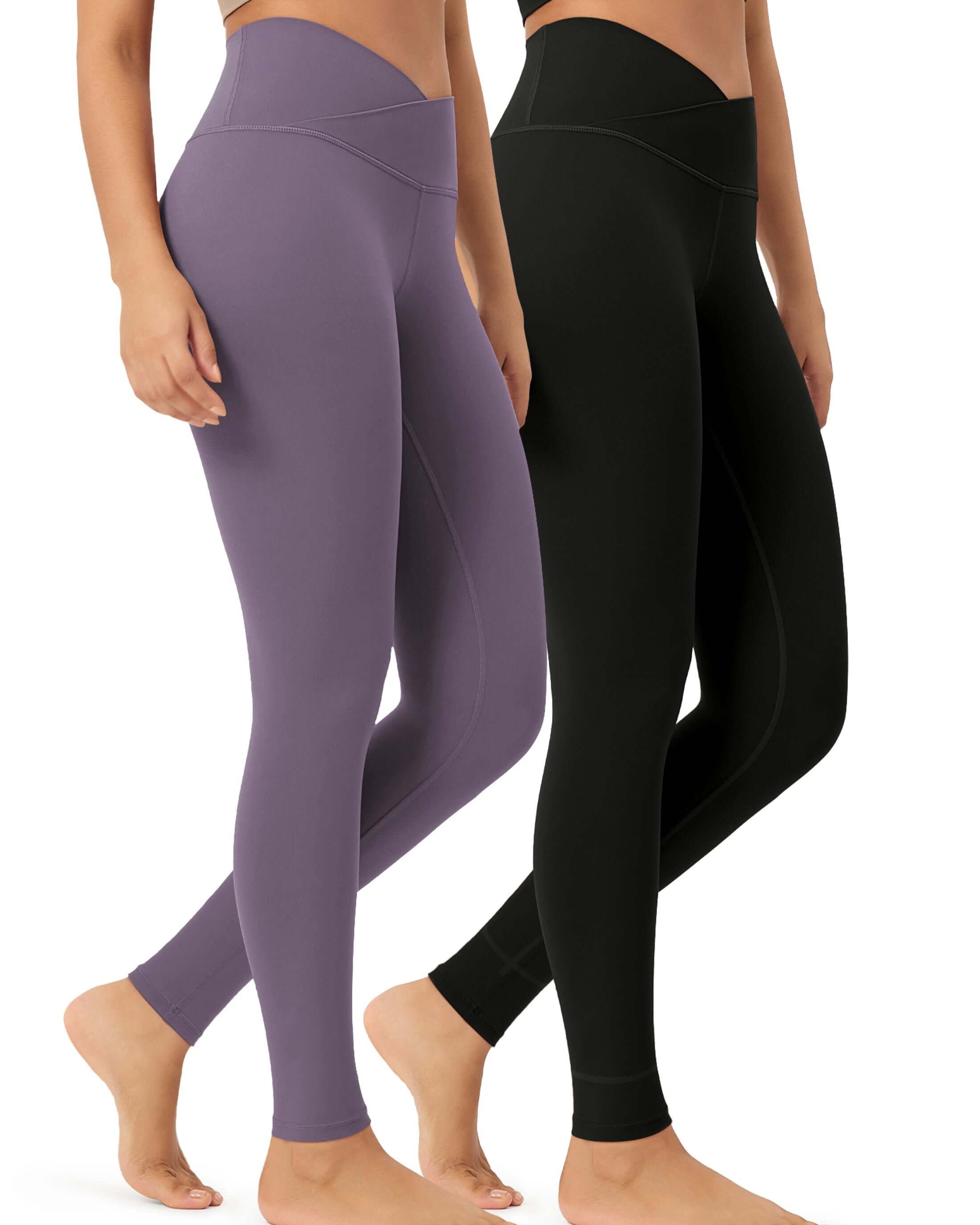 2 Pack 28 Odcloud Buttery Soft Cross Waist Yoga Leggings Black+ash Violet - ododos