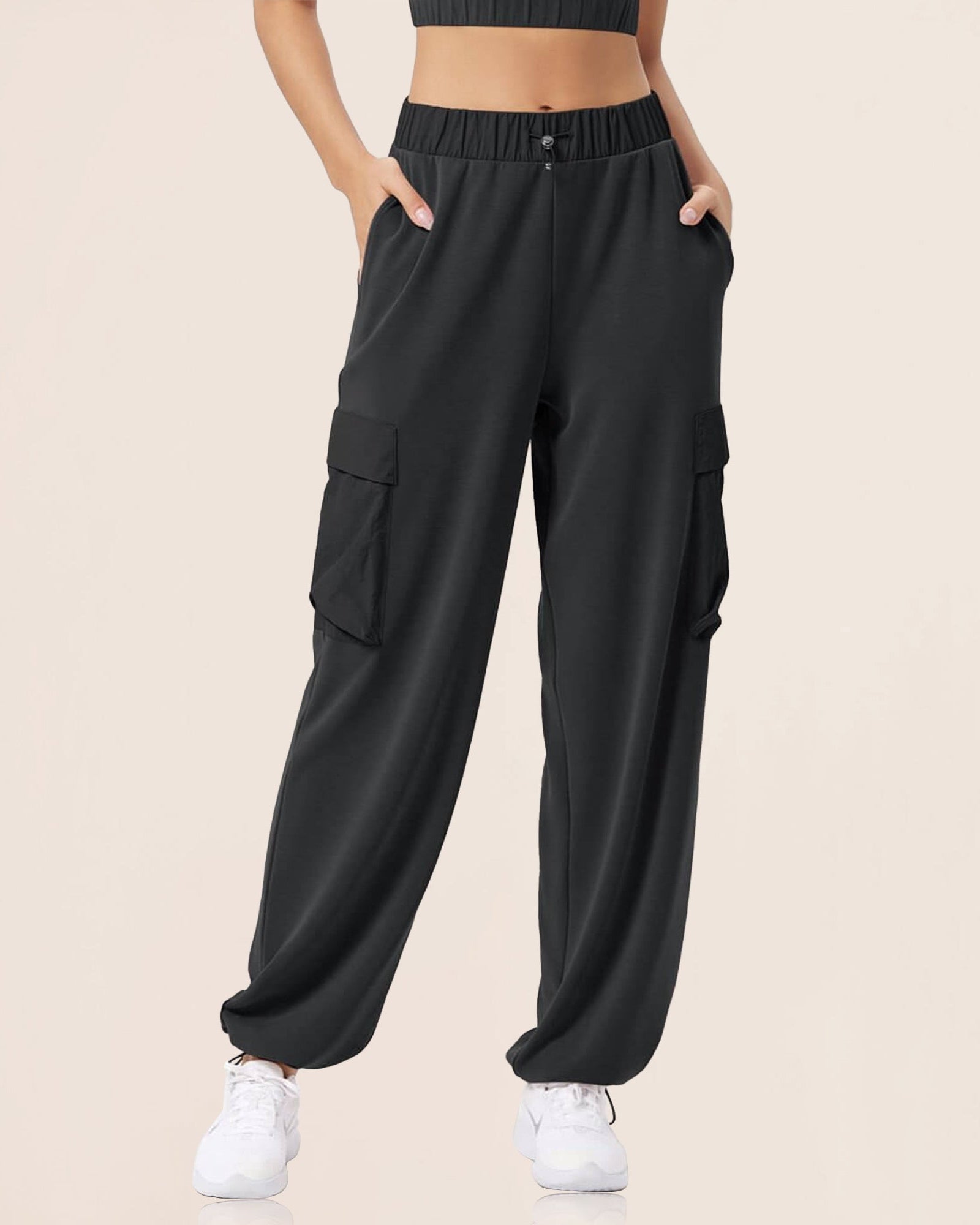 Wide Leg Cargo Adjustable Shockcord Loose Jogger Pants with Pockets - ododos