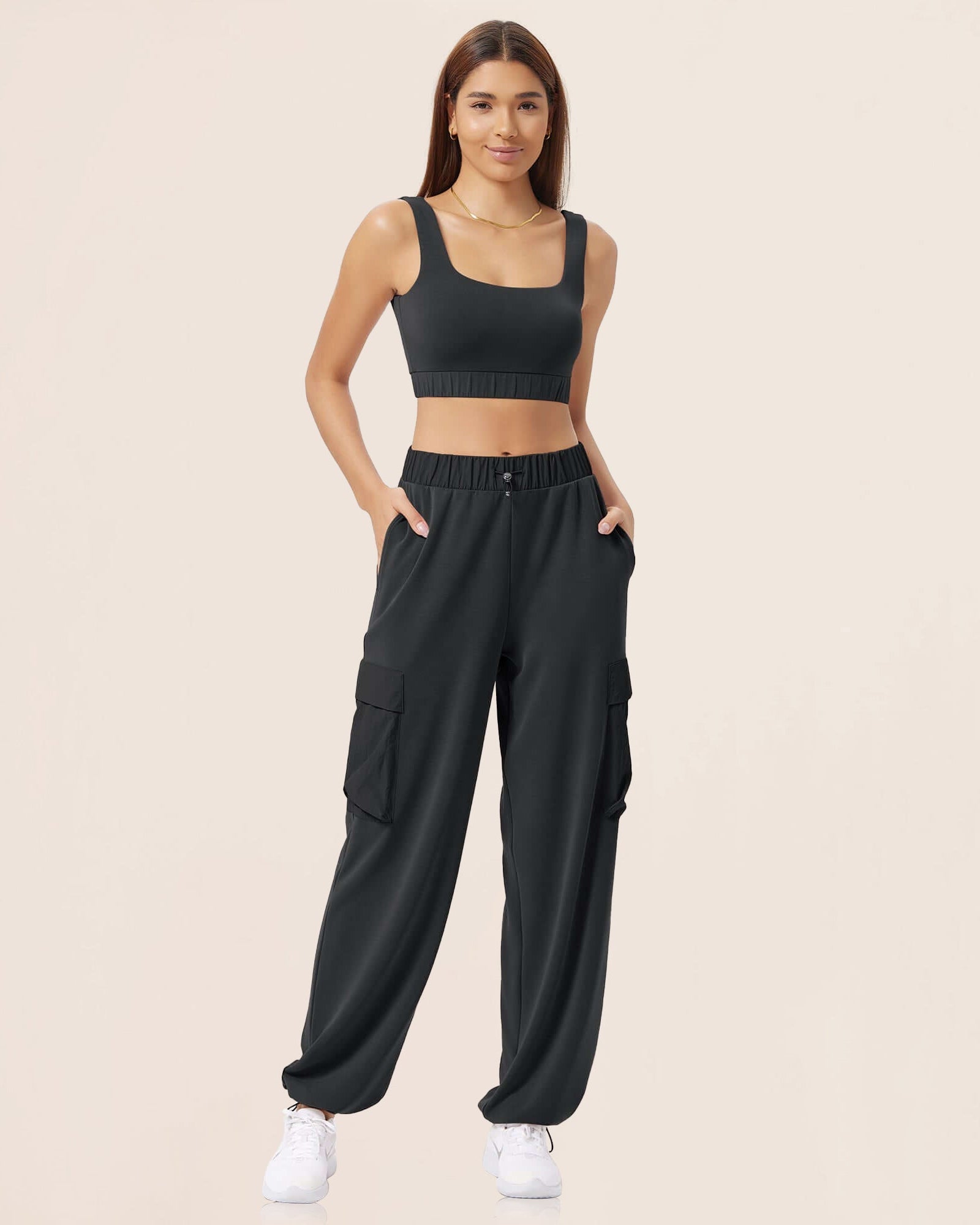 Wide Leg Cargo Adjustable Shockcord Loose Jogger Pants with Pockets Black - ododos