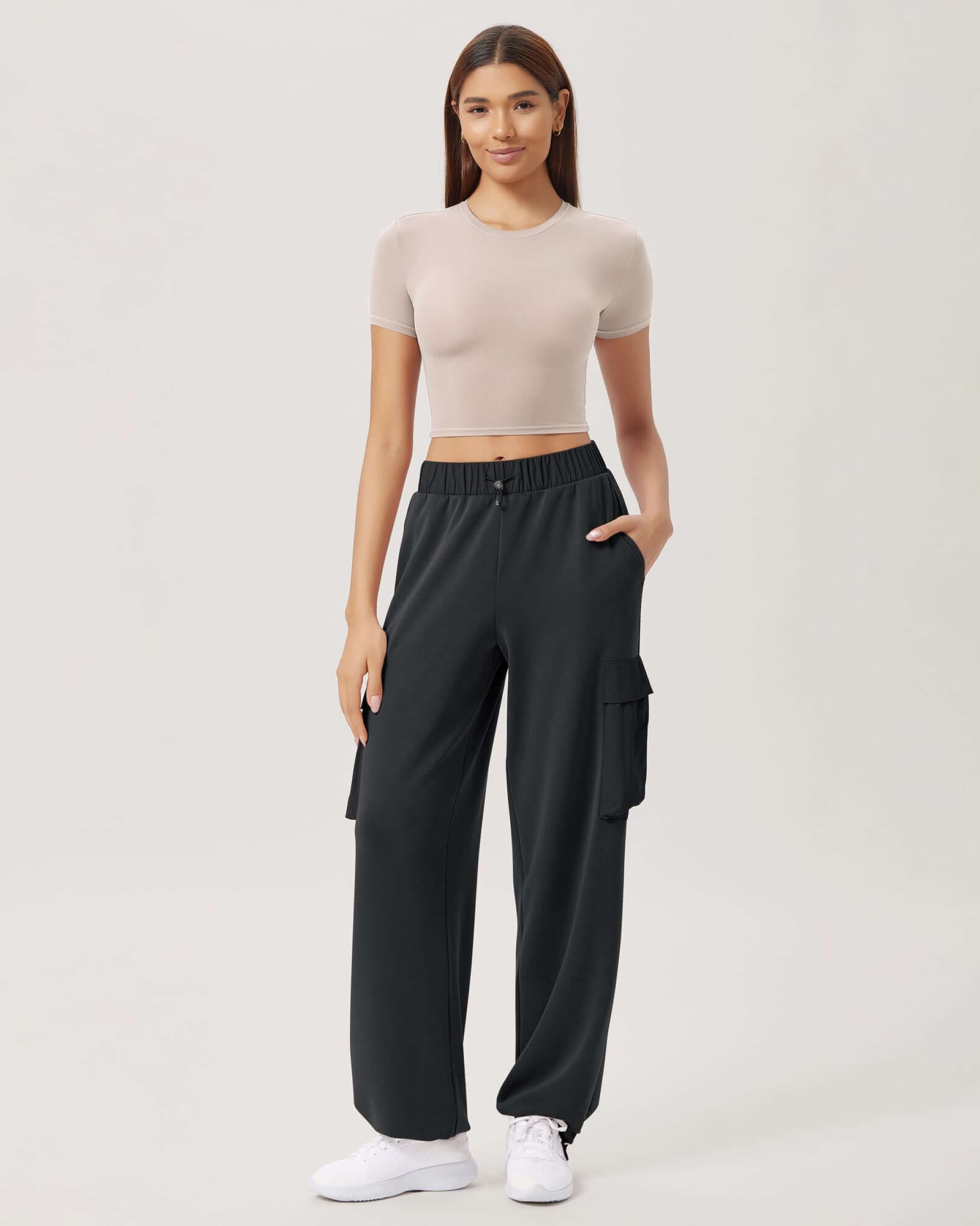 Wide Leg Cargo Adjustable Shockcord Loose Jogger Pants with Pockets - ododos