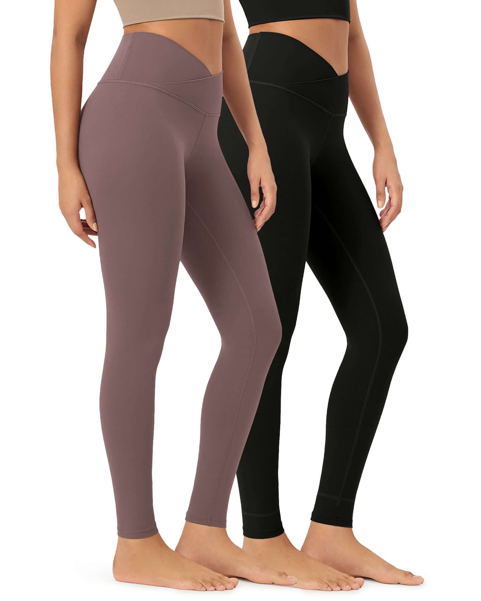 2 Pack 28 Odcloud Buttery Soft Cross Waist Yoga Leggings Black+Purple Taupe - ododos