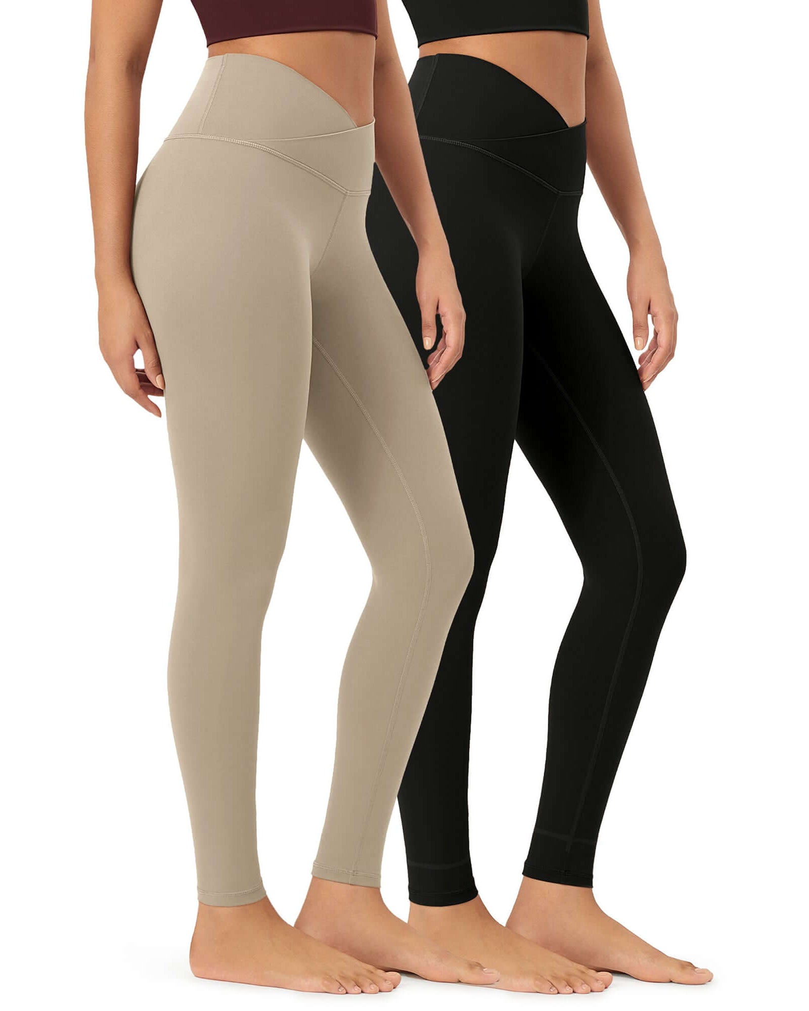 2 Pack 28 Odcloud Buttery Soft Cross Waist Yoga Leggings Black+shaker Beige - ododos