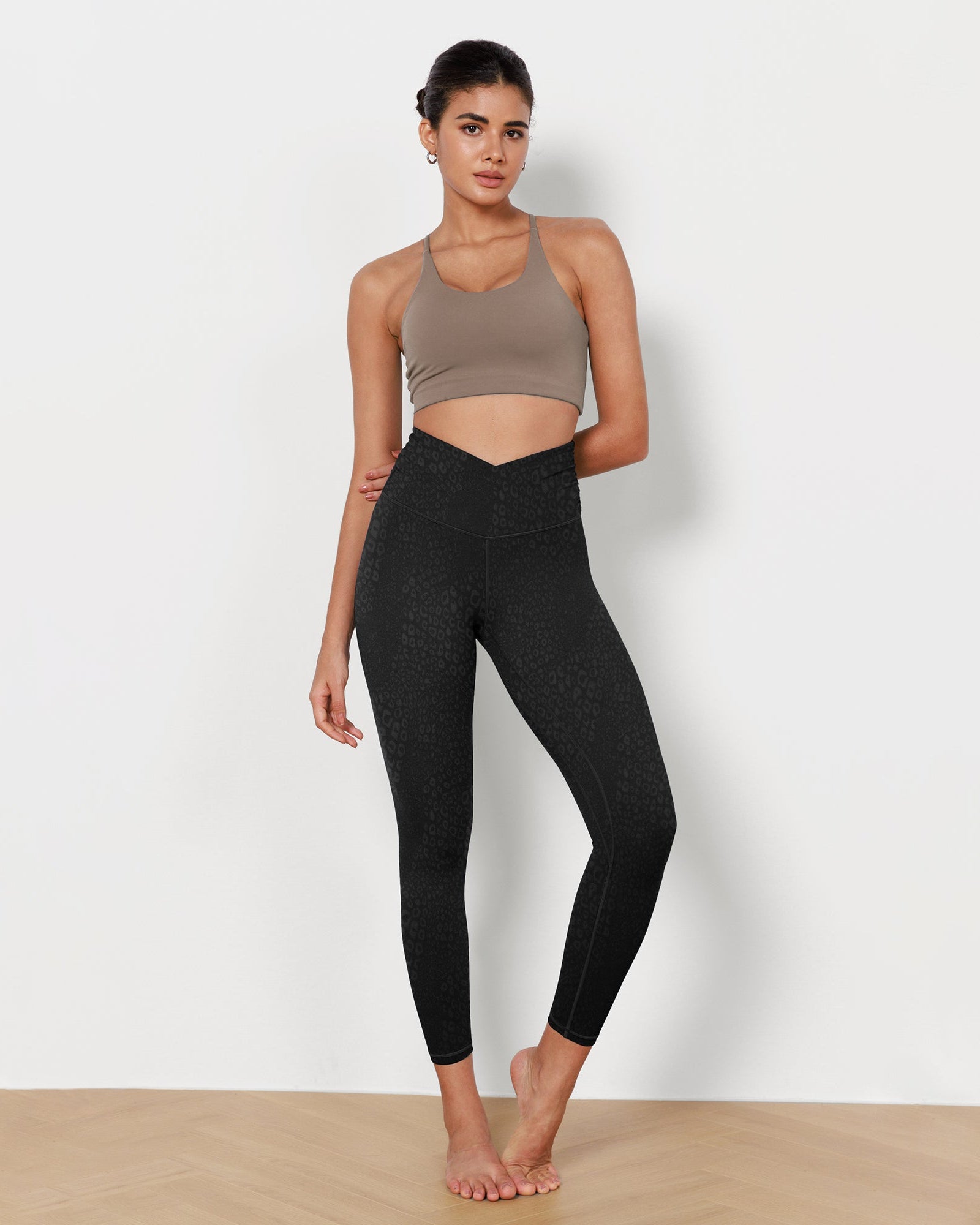 7/8 Pattern Cross Waist Running Leggings Leopard Spots Black - ododos