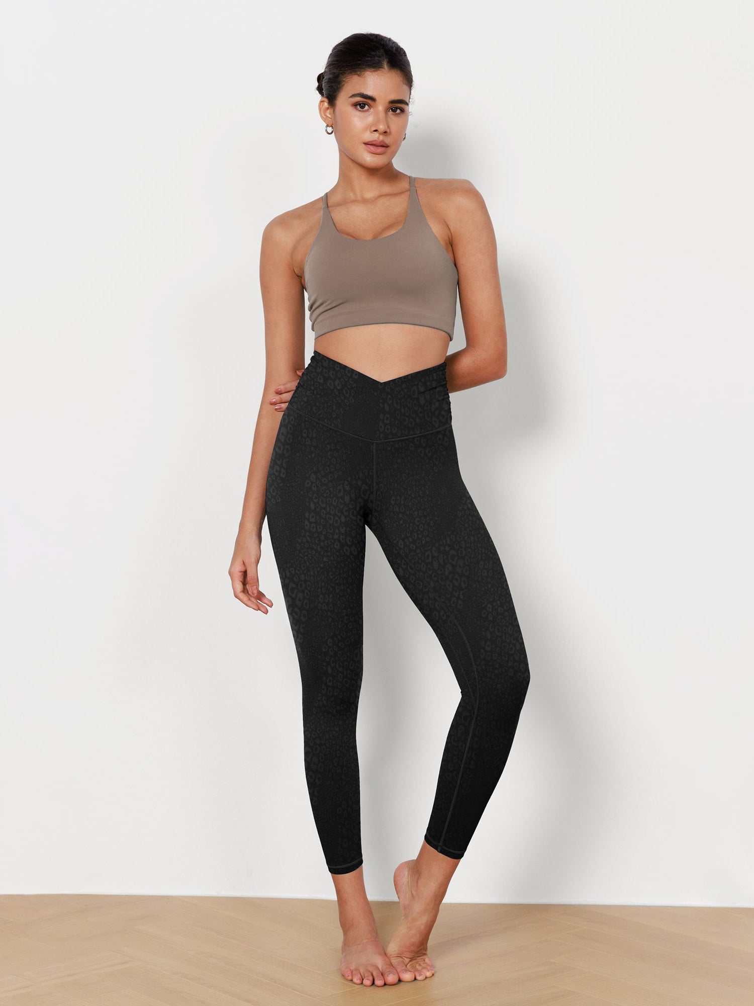 7/8 Pattern Cross Waist Running Leggings Leopard Spots Black - ododos
