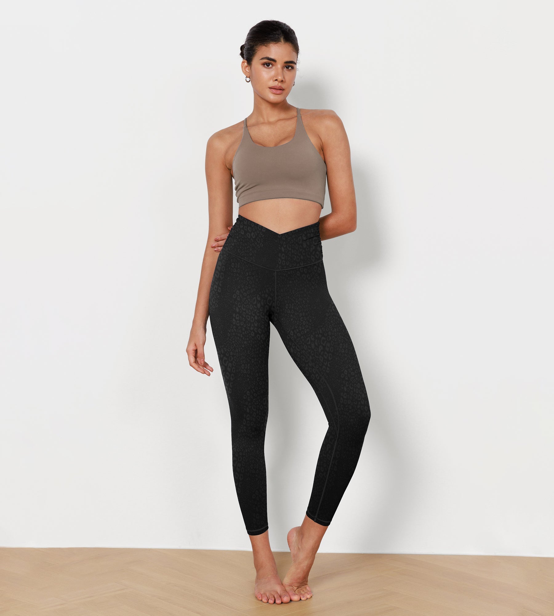 7/8 Pattern Cross Waist Running Leggings Leopard Spots Black - ododos