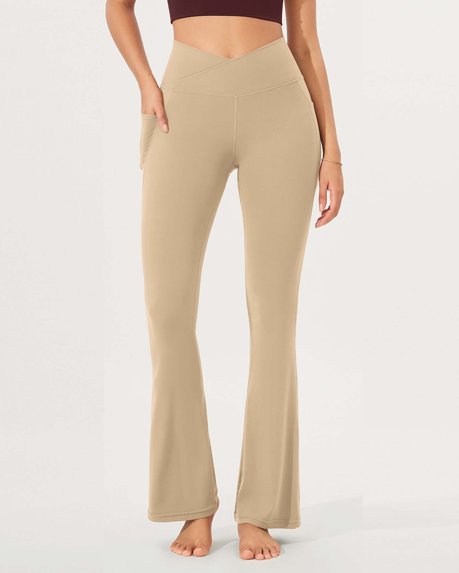32 Cloud Feeling Bootcut Lounge Yoga Pants with Pockets Beige - ododos