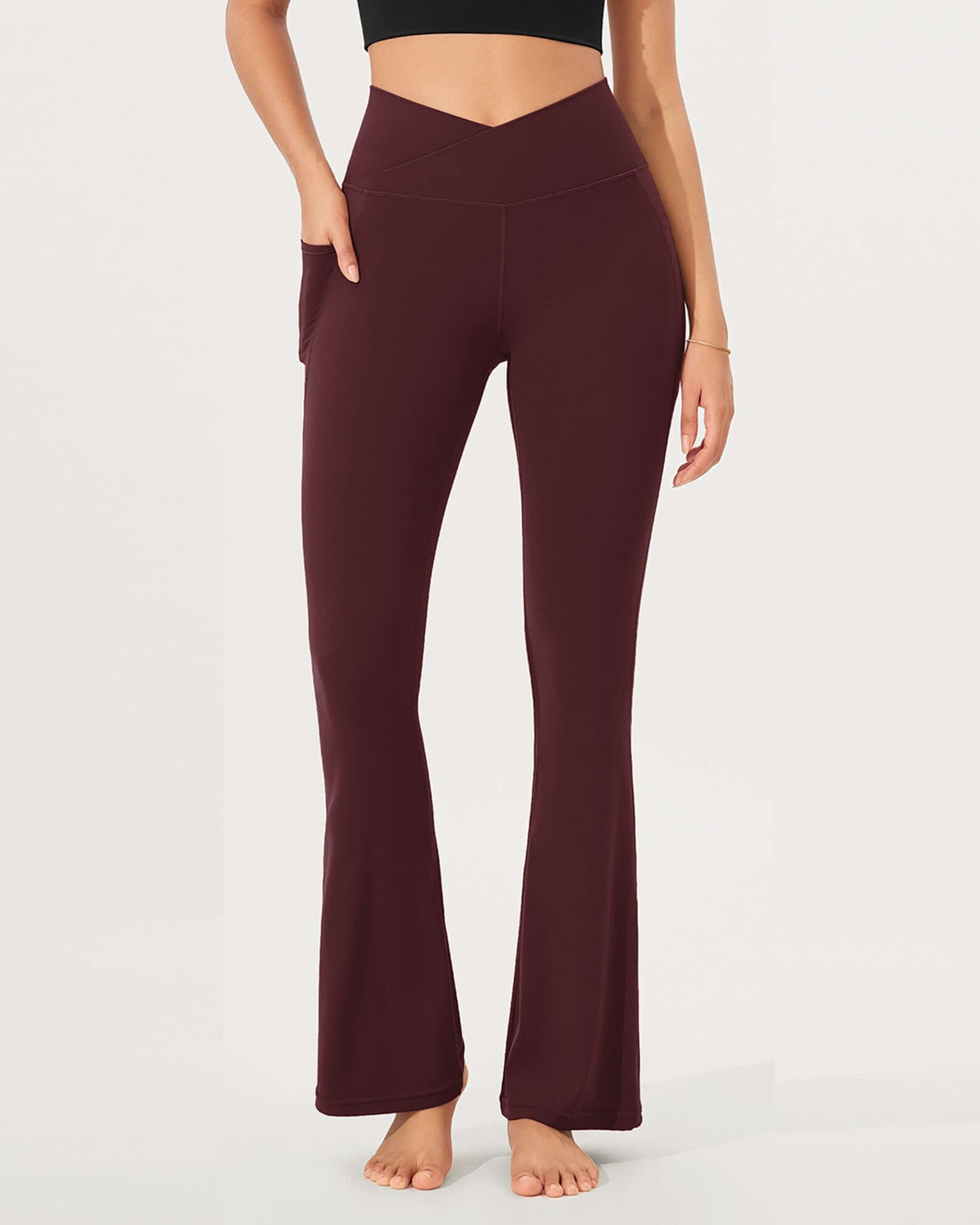 32 Cloud Feeling Bootcut Lounge Yoga Pants with Pockets Burgundy - ododos