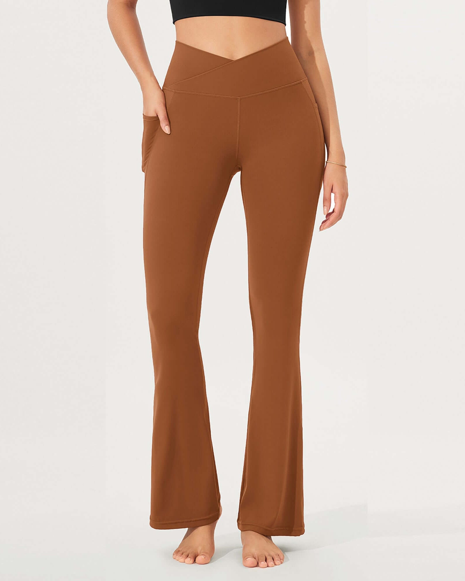 32 Cloud Feeling Bootcut Lounge Yoga Pants with Pockets Caramel - ododos
