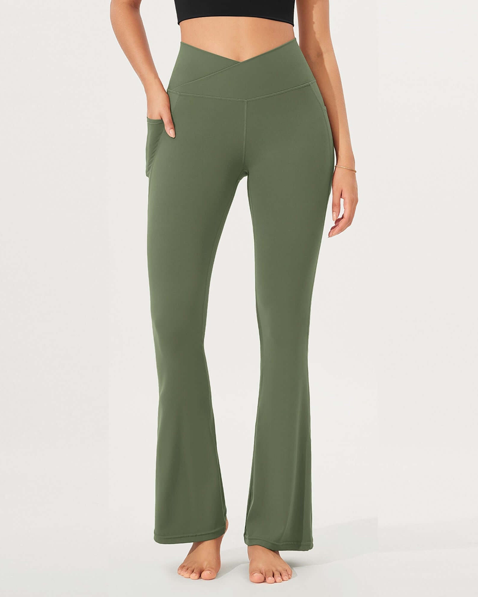 32 Cloud Feeling Bootcut Lounge Yoga Pants with Pockets Dark Olive - ododos