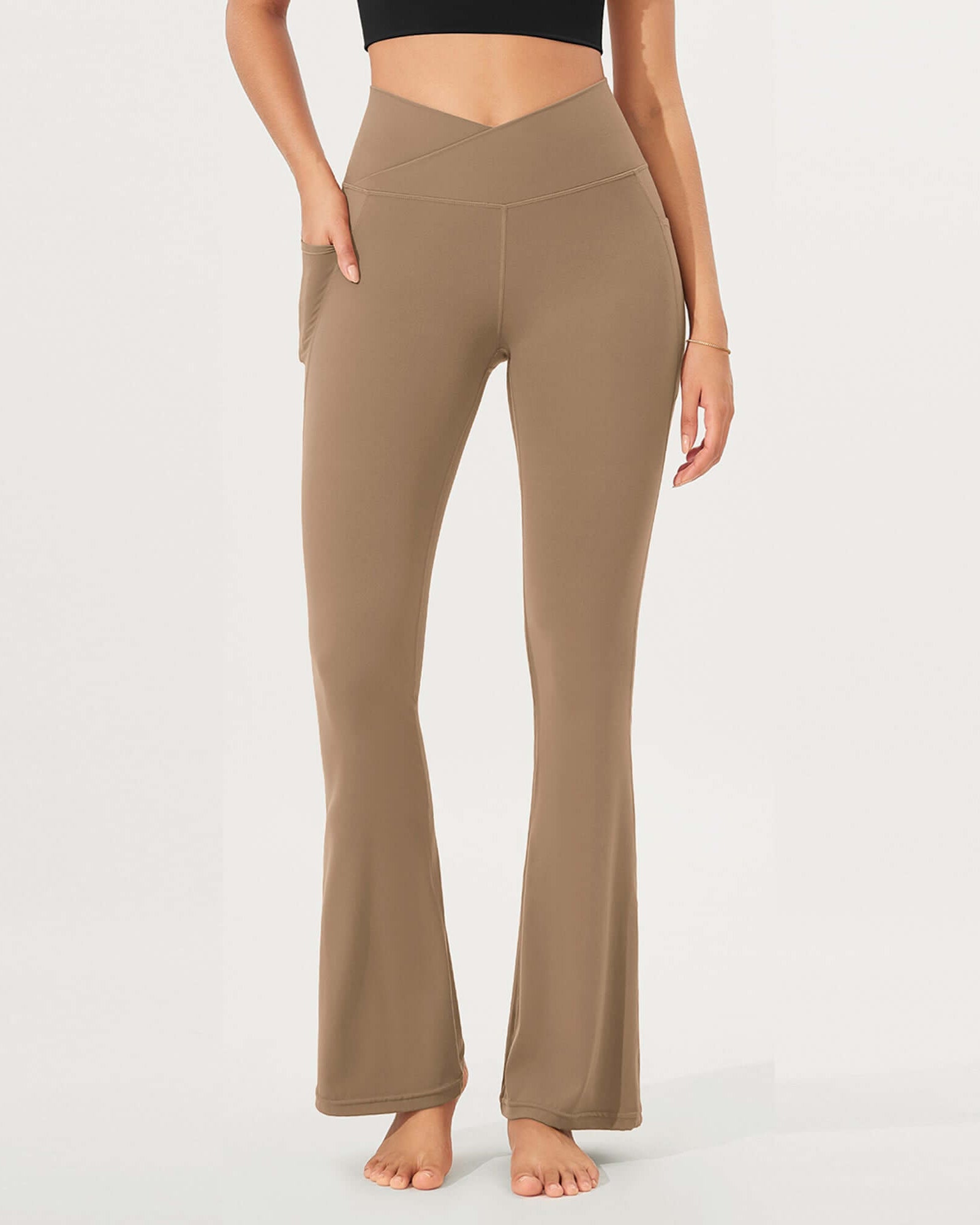32 Cloud Feeling Bootcut Lounge Yoga Pants with Pockets Light Brown - ododos