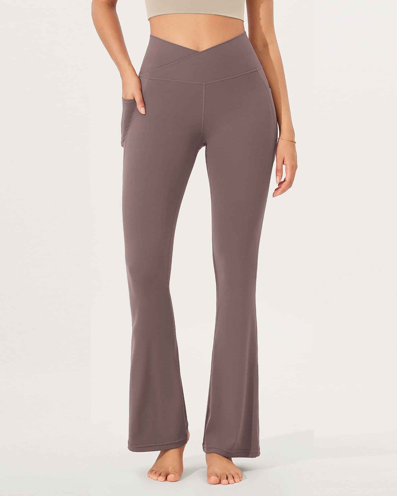32 Cloud Feeling Bootcut Lounge Yoga Pants with Pockets Purple Taupe - ododos