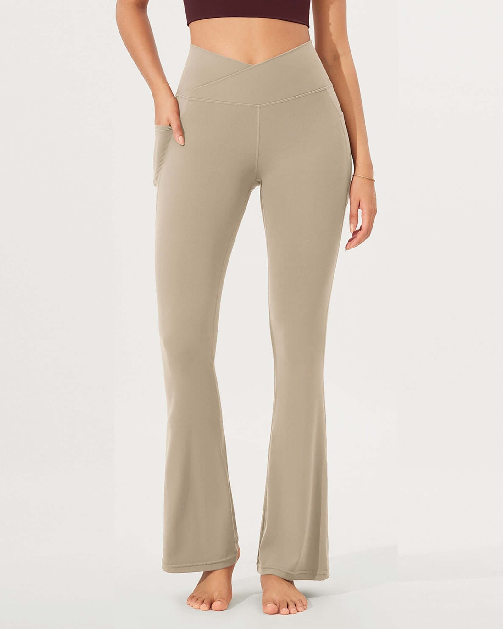 32 Cloud Feeling Bootcut Lounge Yoga Pants with Pockets Shaker Beige - ododos