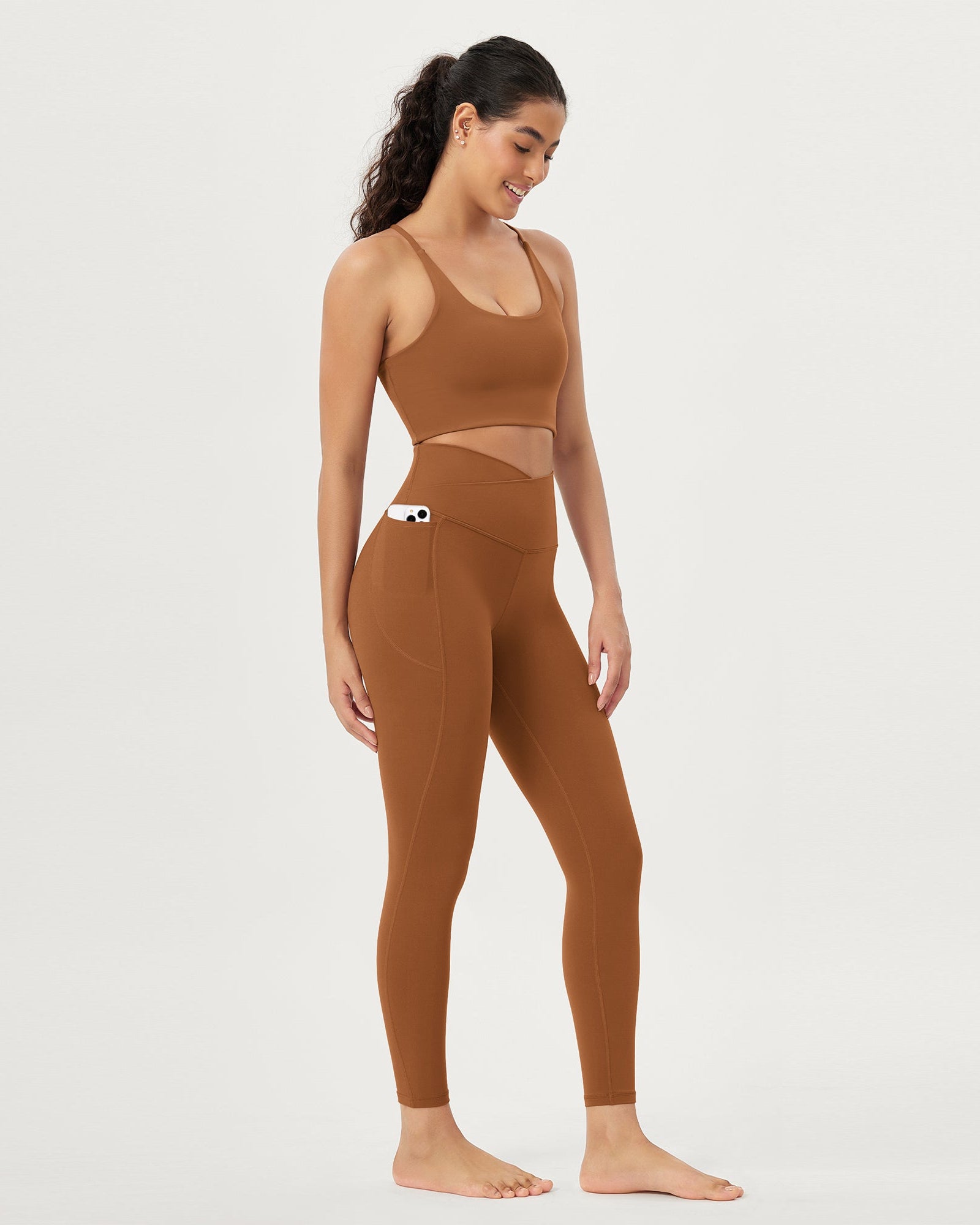 25 Crossover 7/8 V High Wasit Lounge Leggings with Pockets Caramel - ododos