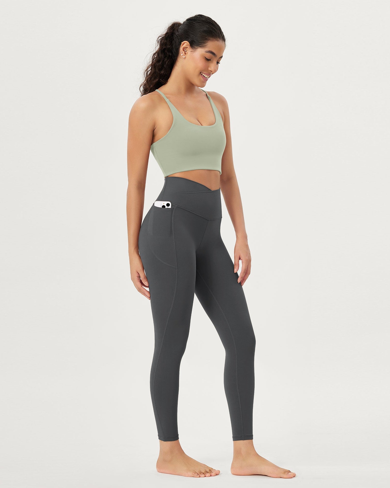 25 Crossover 7/8 V High Wasit Lounge Leggings with Pockets Charcoal - ododos