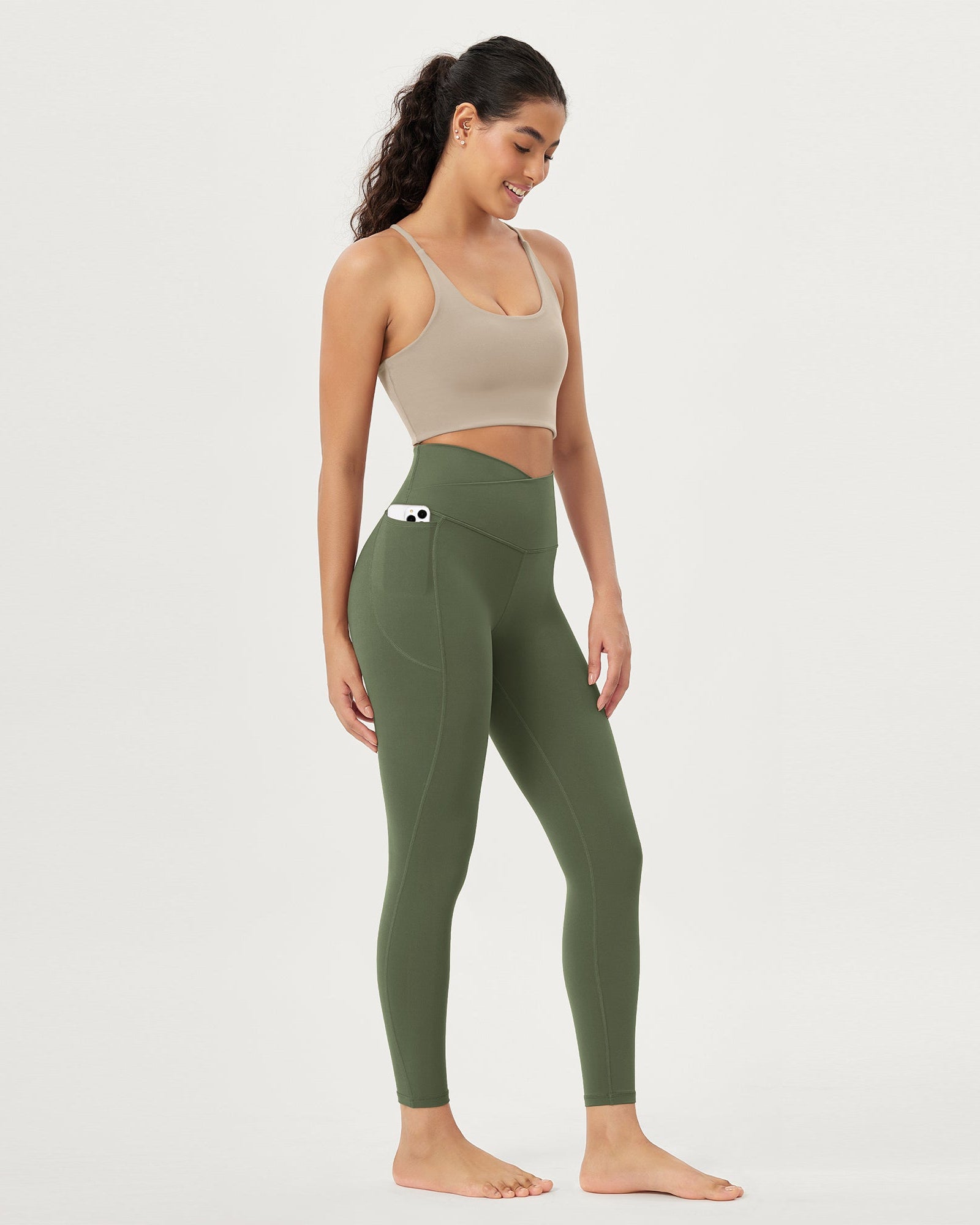 25 Crossover 7/8 V High Wasit Lounge Leggings with Pockets Dark Olive - ododos