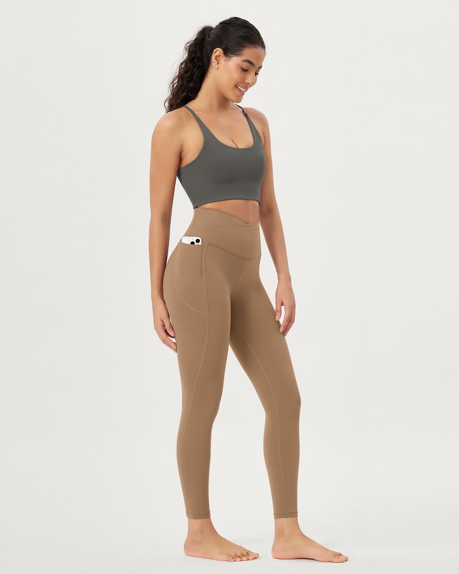 25 Crossover 7/8 V High Wasit Lounge Leggings with Pockets Light Brown - ododos