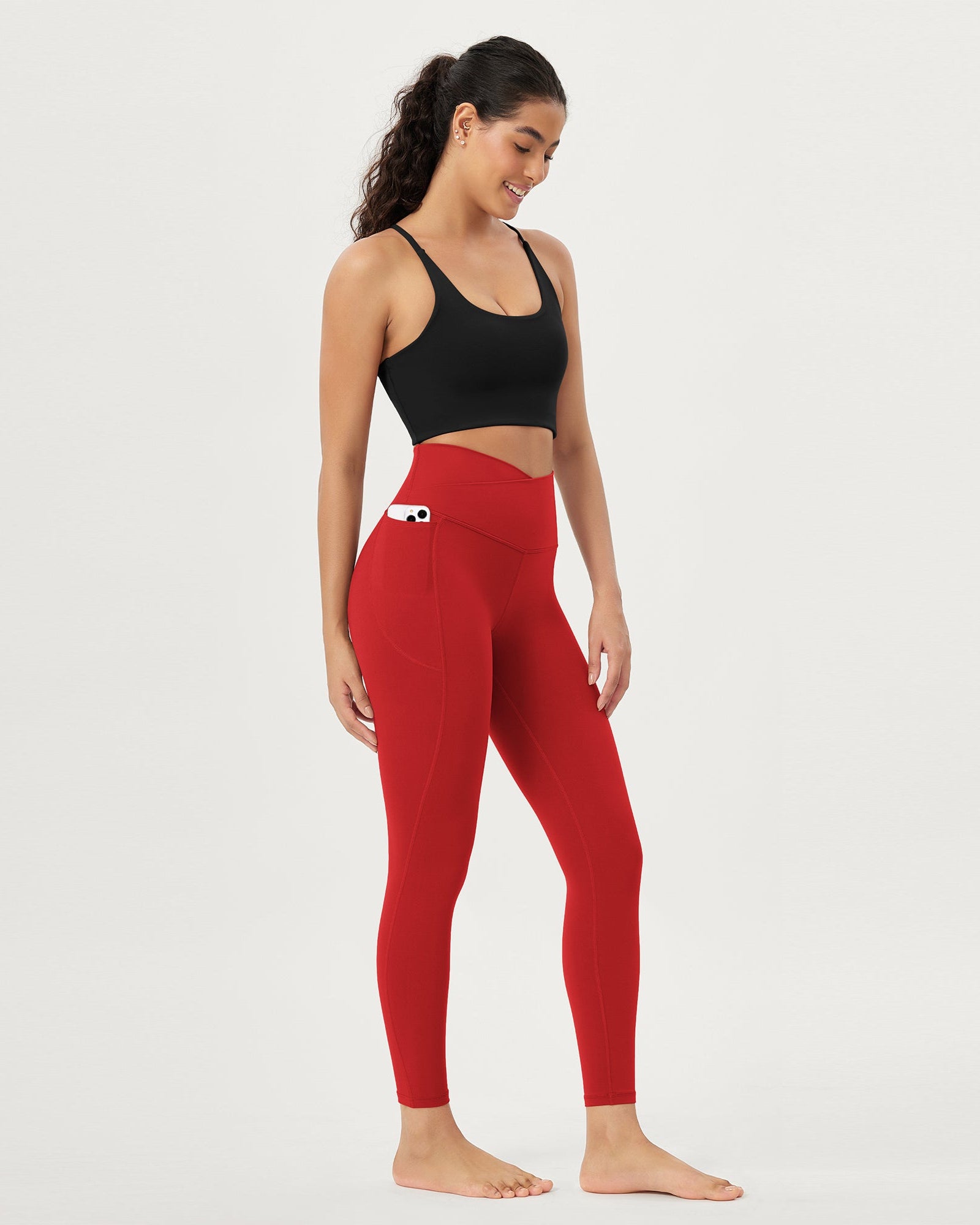 25 Crossover 7/8 V High Wasit Lounge Leggings with Pockets Red - ododos
