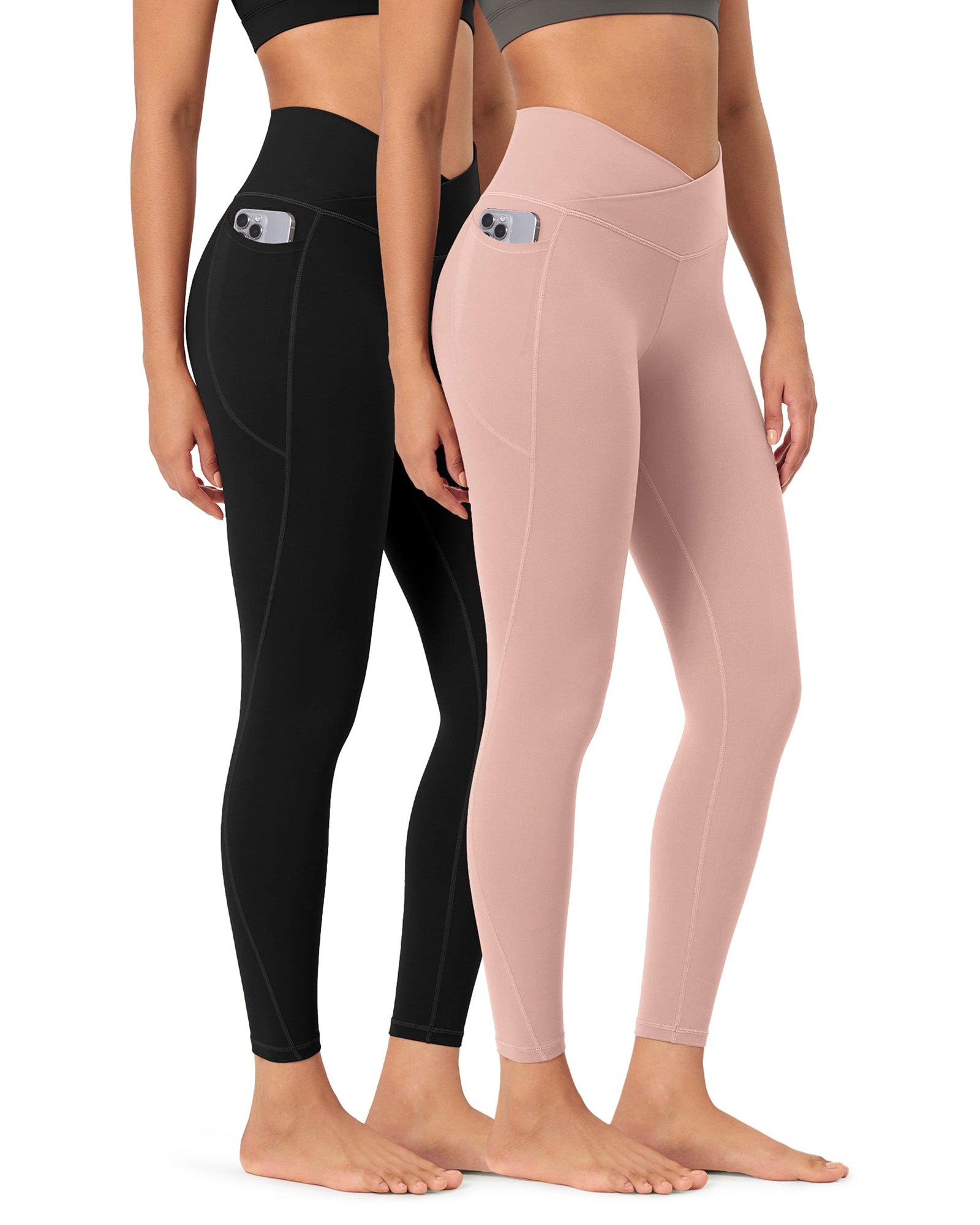 2-Pack 25 ODCLOUD Crossover Lounge Yoga Waist Leggings with Pockets Black+dusty Pink - ododos