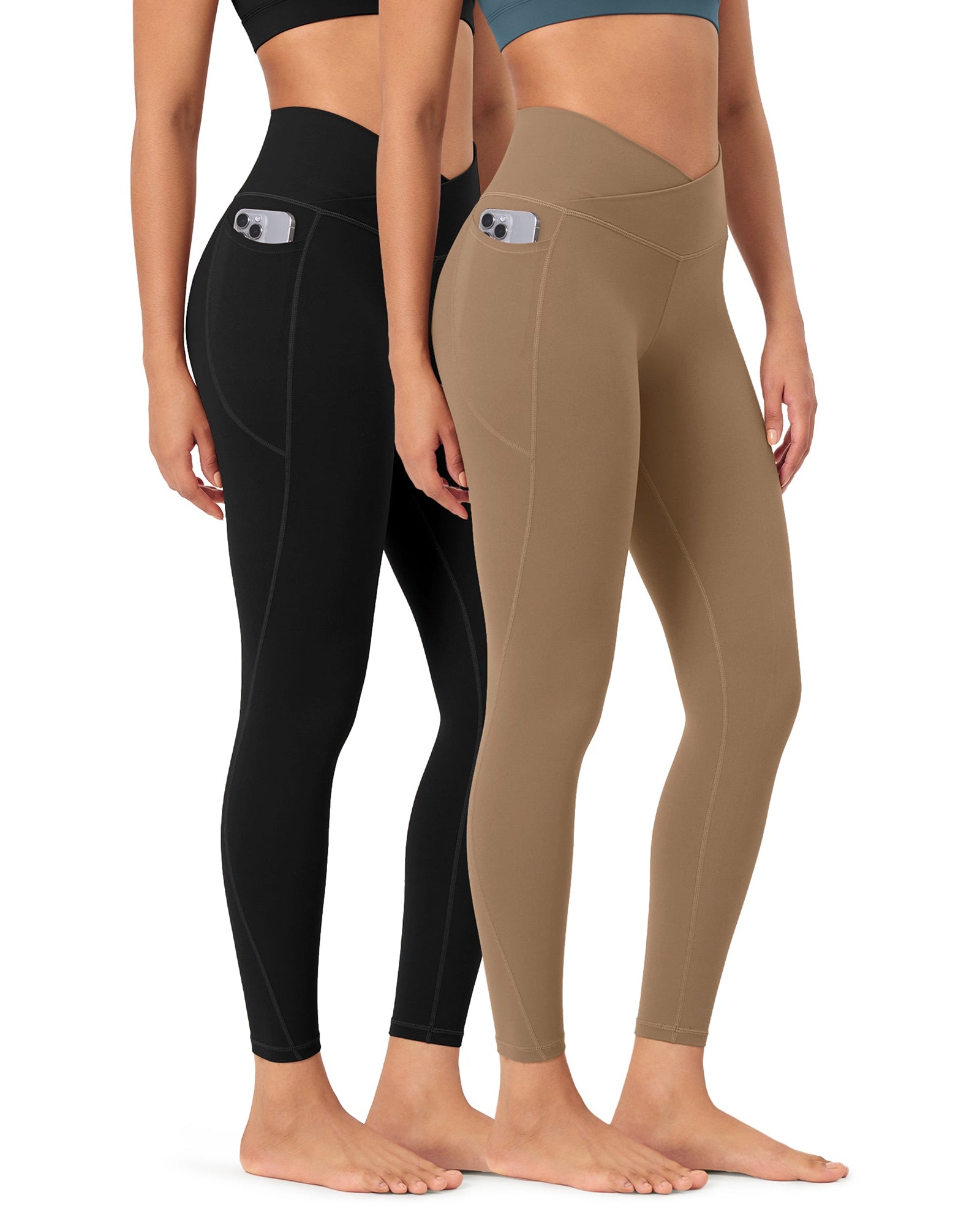 2-Pack 25 ODCLOUD Crossover Lounge Yoga Waist Leggings with Pockets Black+light Brown - ododos
