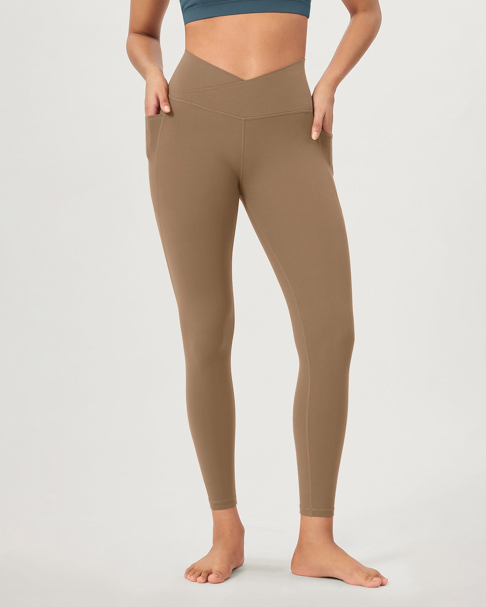 25 ODCLOUD Crossover Lounge Yoga Waist Leggings with Pockets Light Brown - ododos