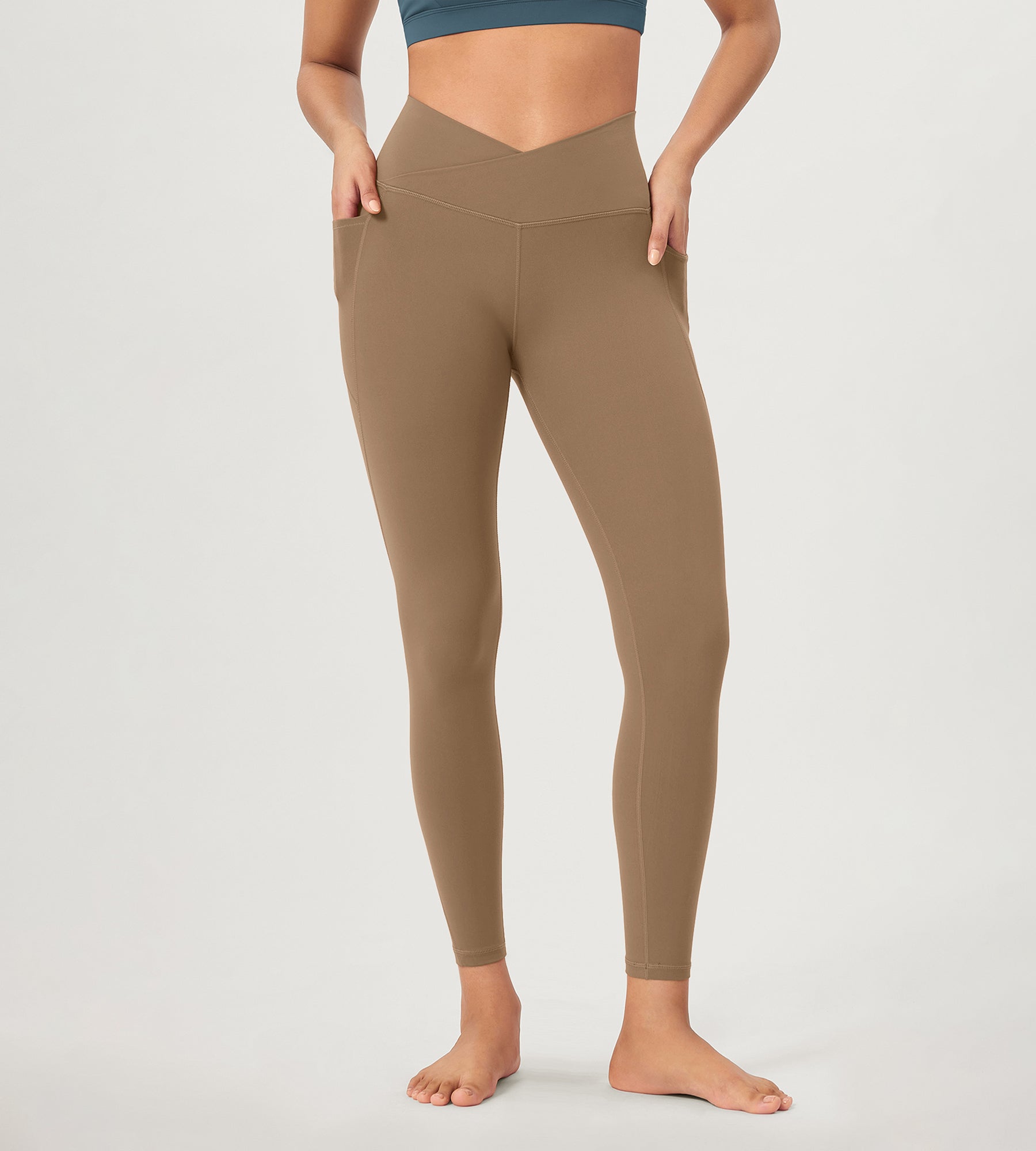 25 ODCLOUD Crossover Lounge Yoga Waist Leggings with Pockets Light Brown - ododos