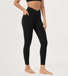 25 / 28 Gathered Crossover Lounge Yoga Leggings with Pockets 25 Inseam Black - ododos
